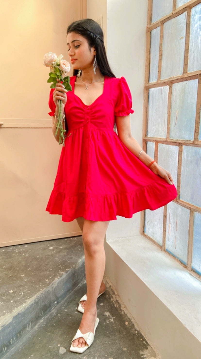Vomendi Hot Pink Feminine Dress With Sweatheart Neckline