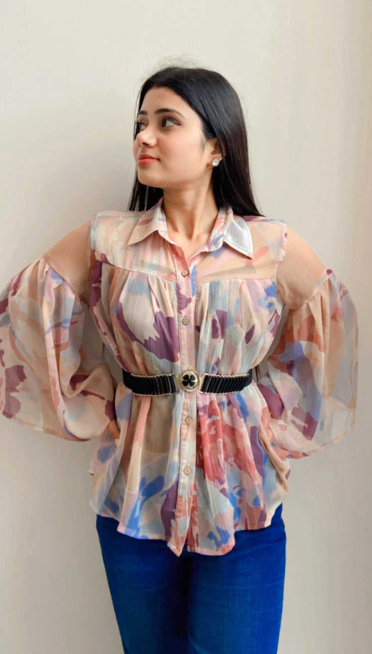 Vomendi Abstract Print Top with Box Pleat