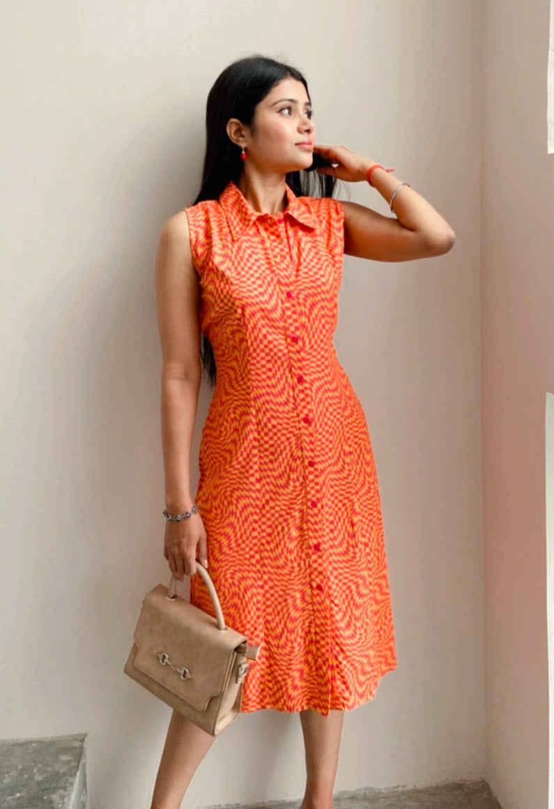 Vomendi Red-Orange Abstract Print Dress with Collar