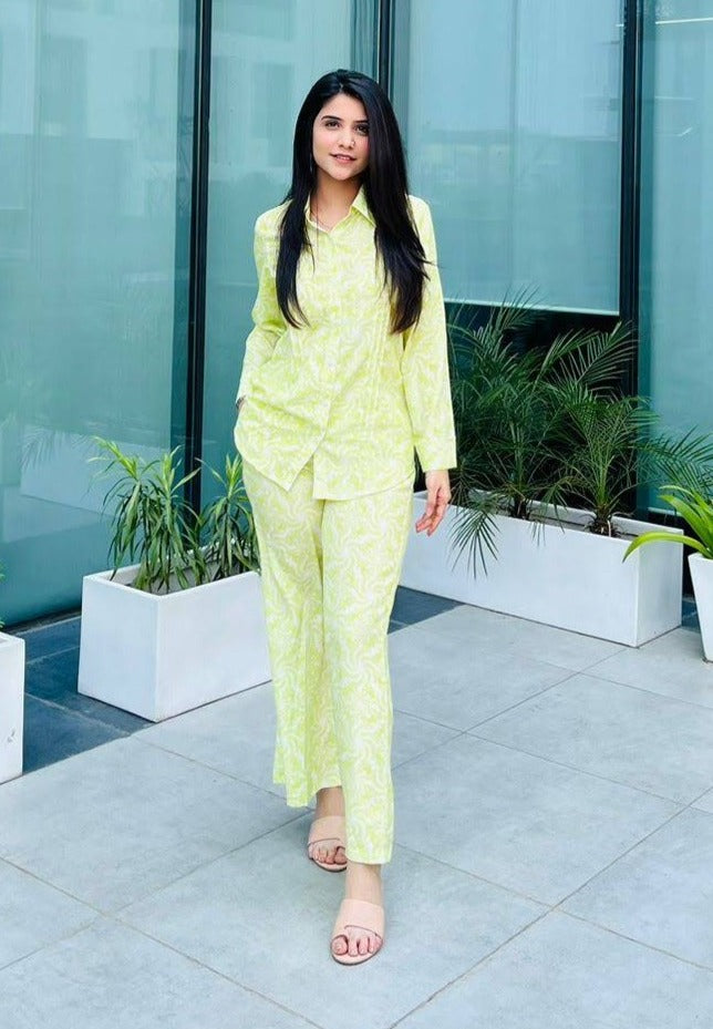 Vomendi Lime Green Co-ord Set with Shirt Collar and Pants