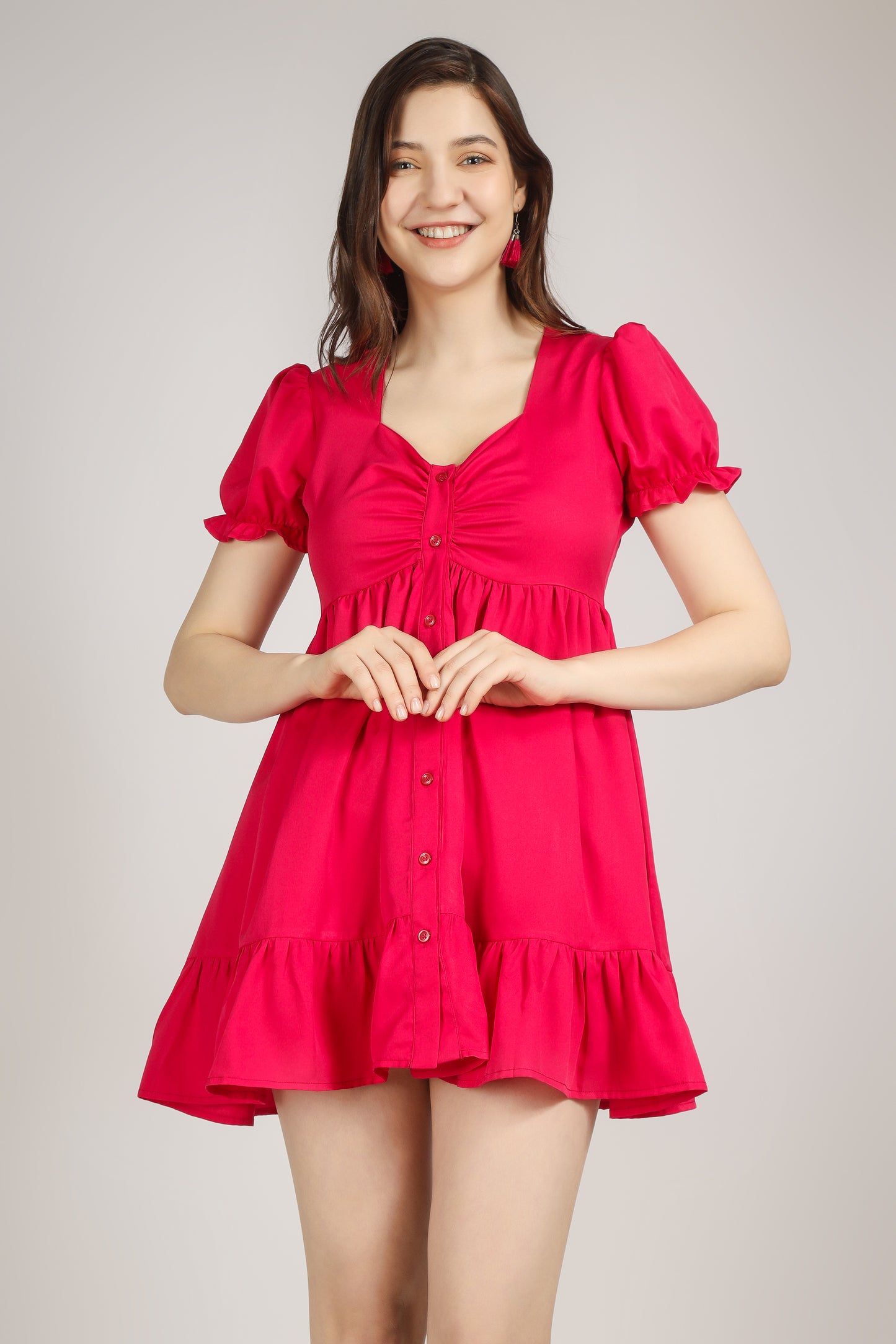 Vomendi Hot Pink Feminine Dress With Sweatheart Neckline