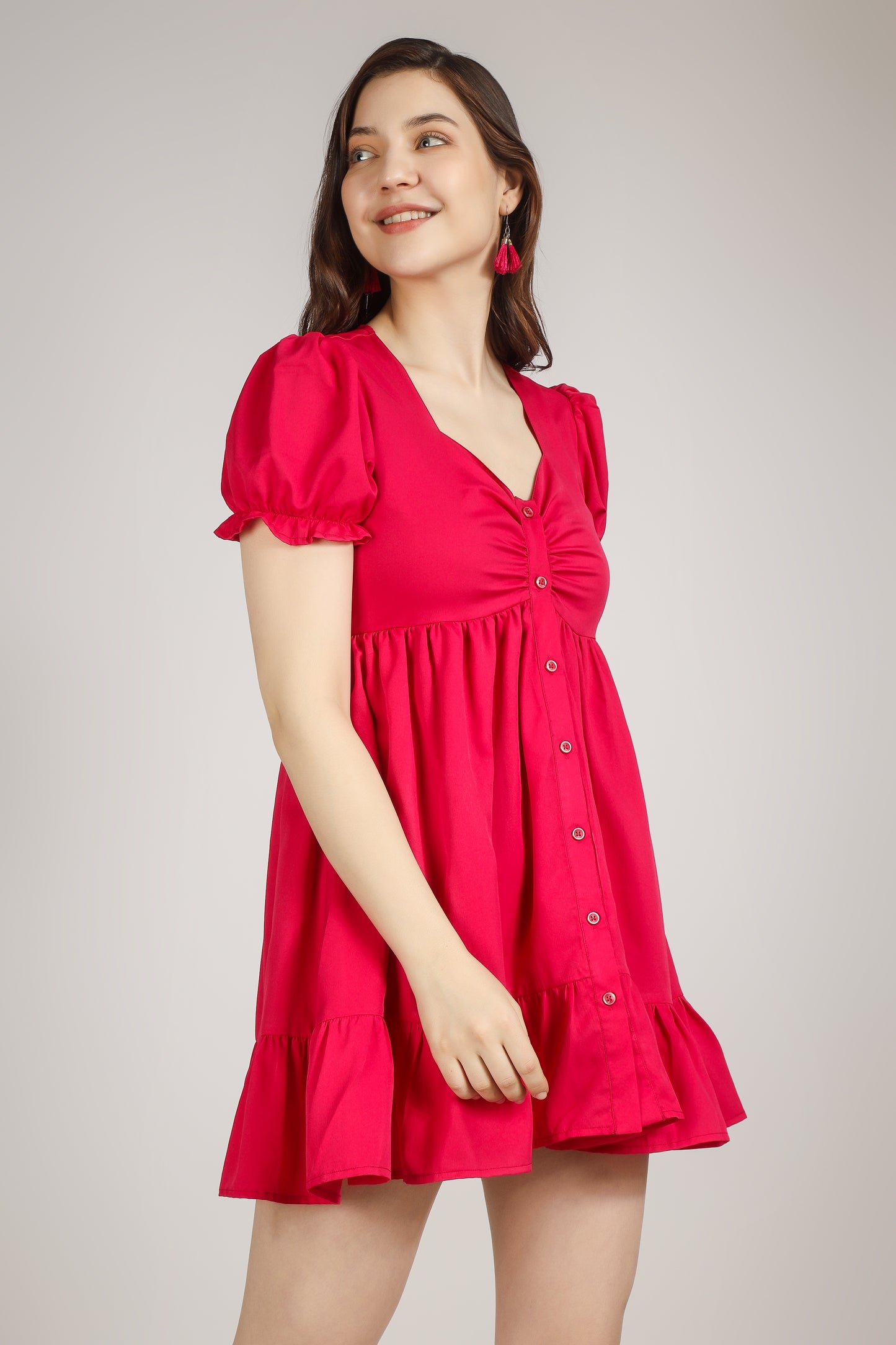 Vomendi Hot Pink Feminine Dress With Sweatheart Neckline