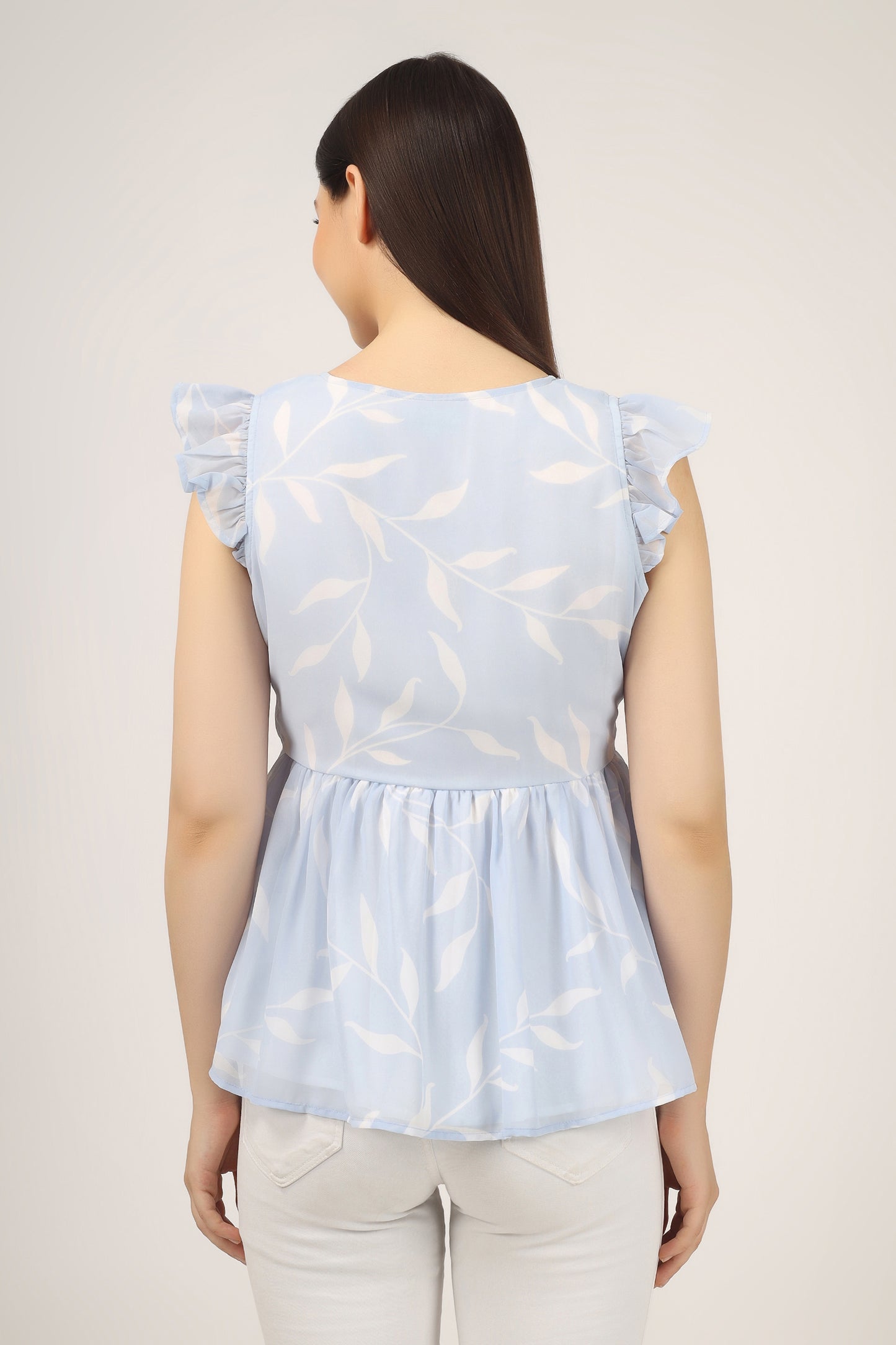 Vomendi Leaf Print Peplum Top with Frill Cap Sleeves