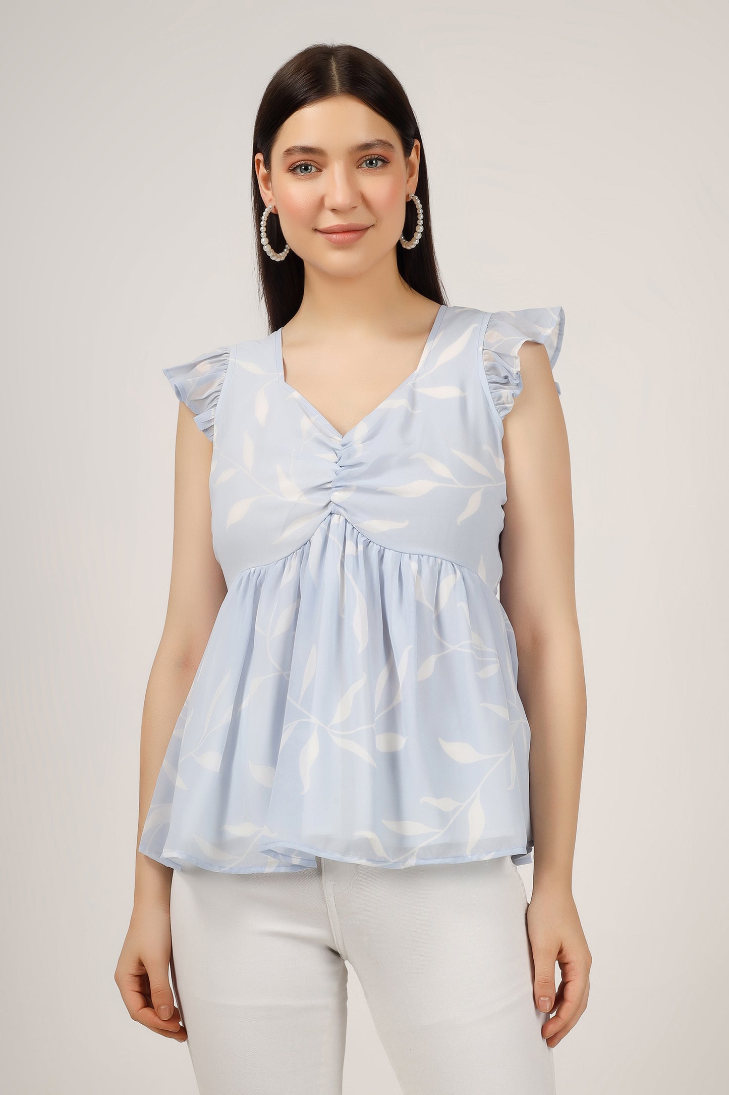 Vomendi Leaf Print Peplum Top with Frill Cap Sleeves