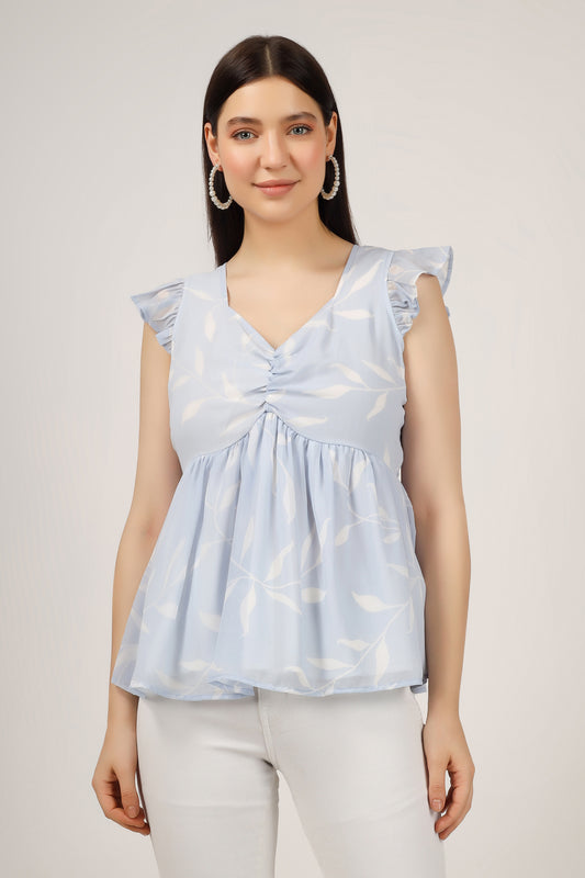 Vomendi Leaf Print Peplum Top with Frill Cap Sleeves