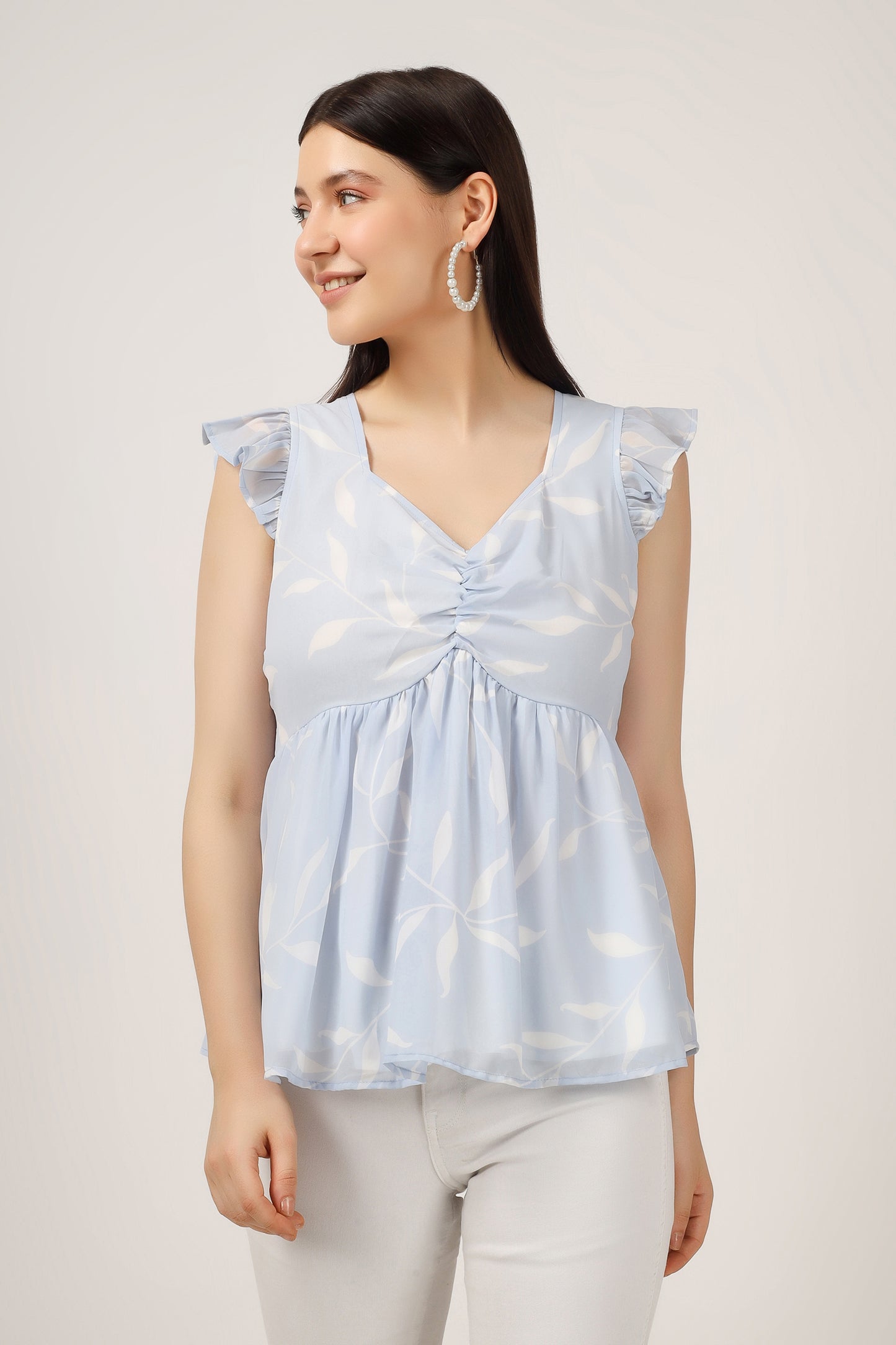Vomendi Leaf Print Peplum Top with Frill Cap Sleeves
