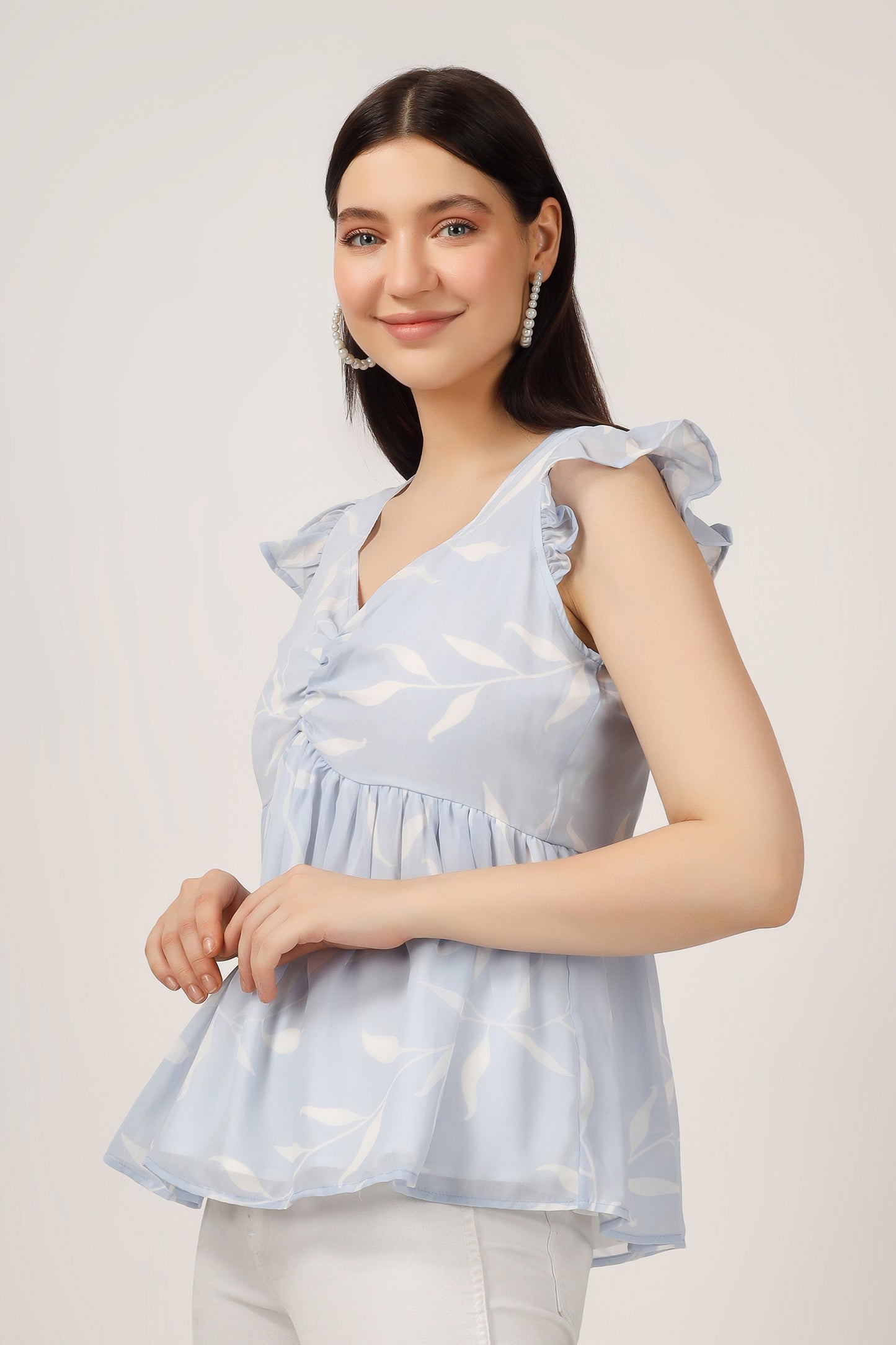 Vomendi Leaf Print Peplum Top with Frill Cap Sleeves