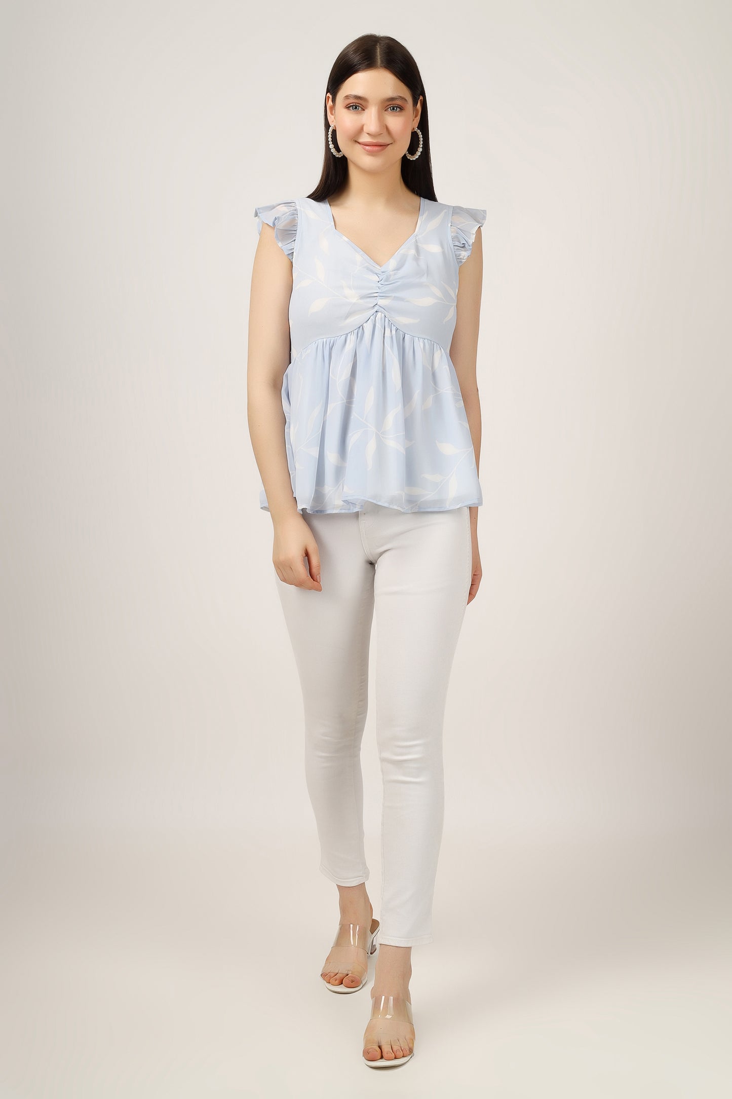 Vomendi Leaf Print Peplum Top with Frill Cap Sleeves