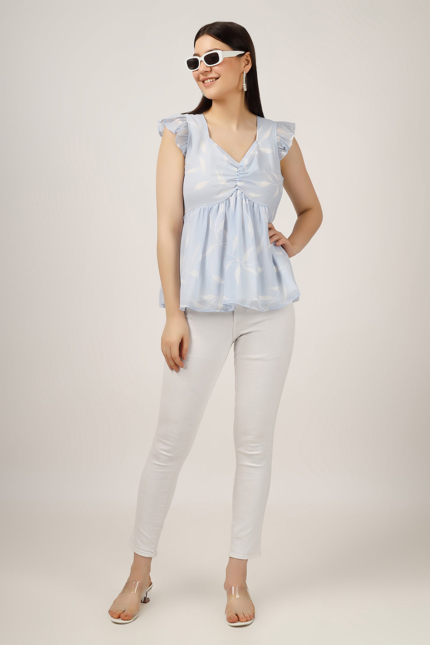 Vomendi Leaf Print Peplum Top with Frill Cap Sleeves