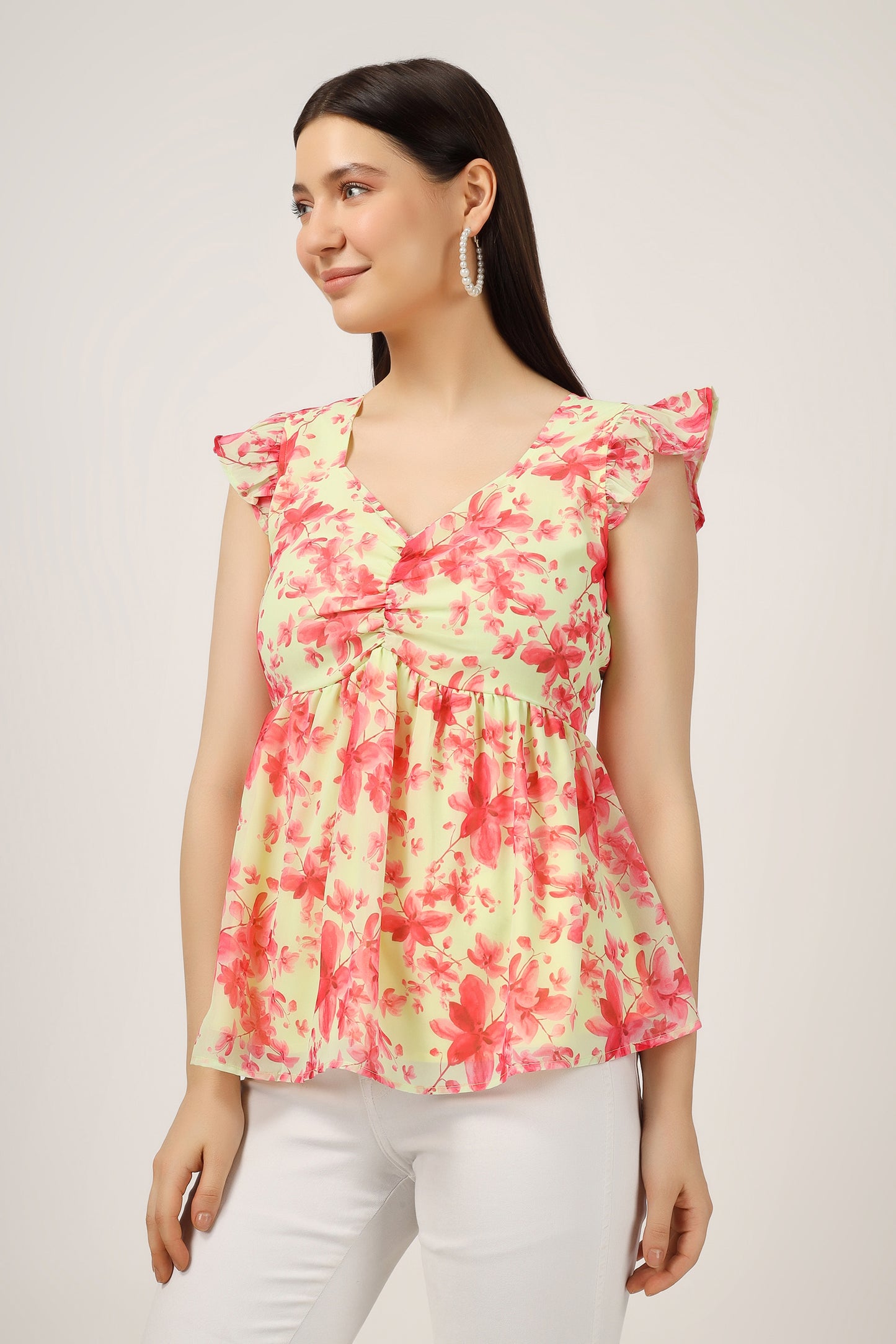 Vomendi Floral Print Peplum Top with Frill Cap Sleeves