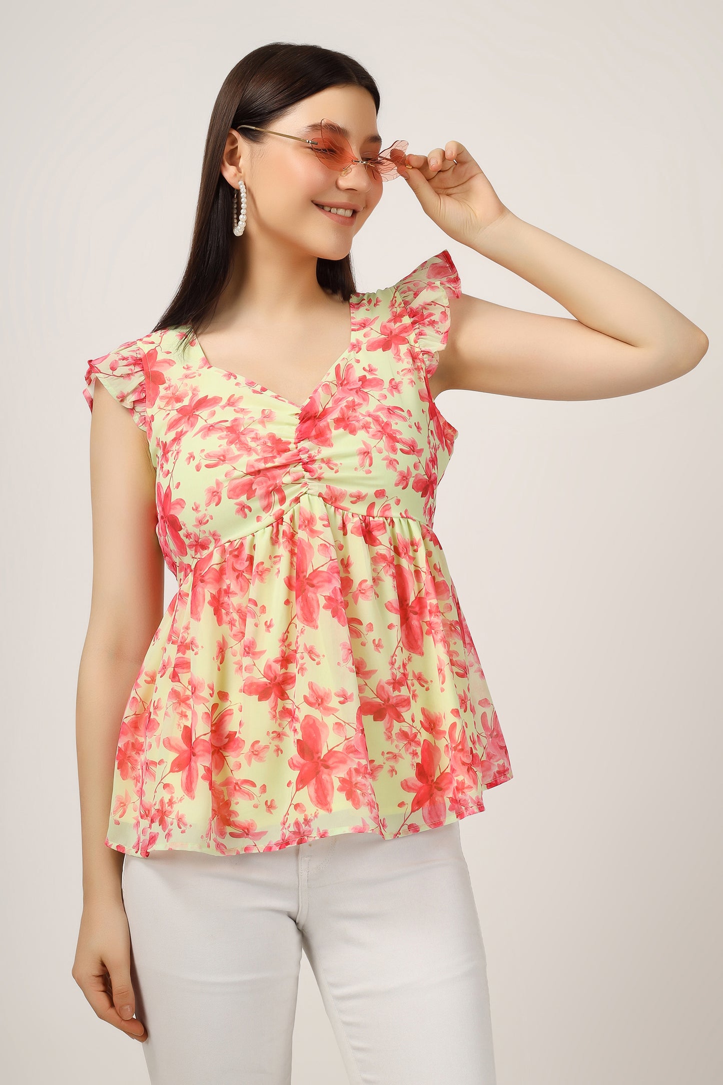 Vomendi Floral Print Peplum Top with Frill Cap Sleeves
