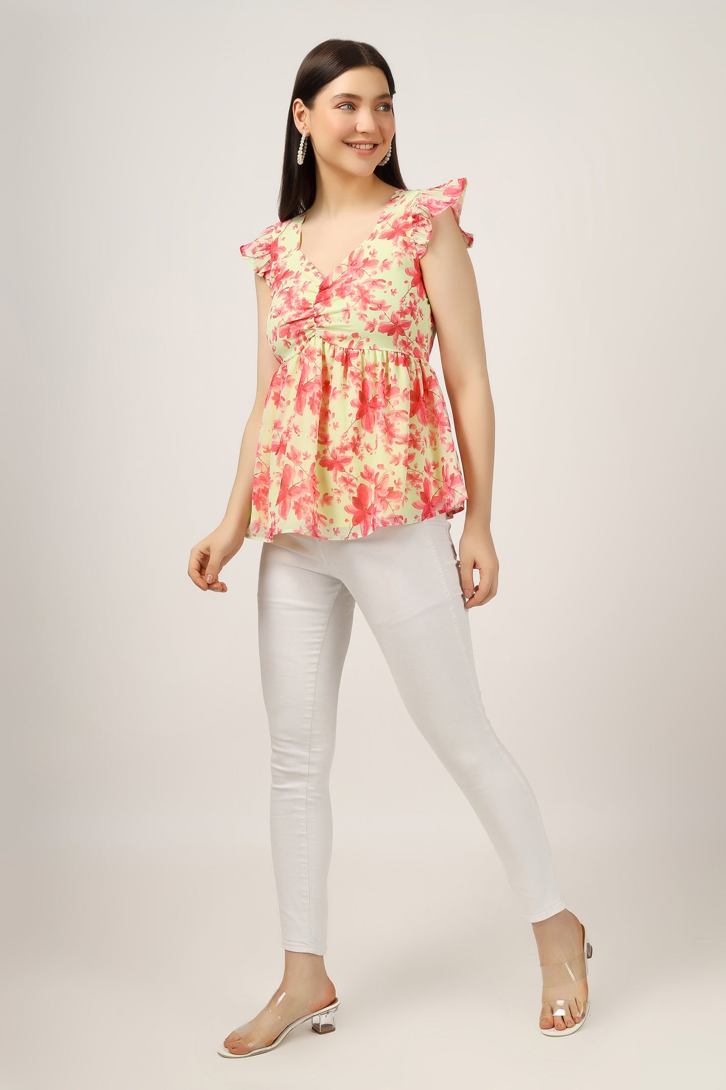 Vomendi Floral Print Peplum Top with Frill Cap Sleeves