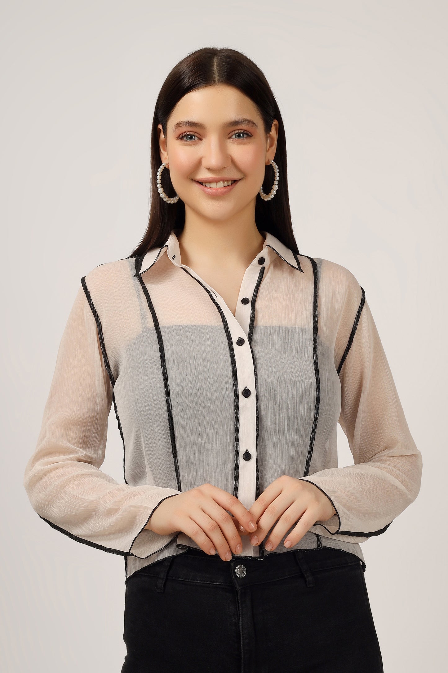 Vomendi Beige Transparent Shirt with Princess Seam Fitting