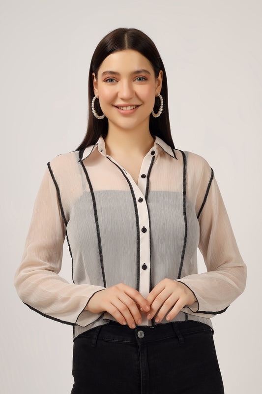 Vomendi Beige Transparent Shirt with Princess Seam Fitting
