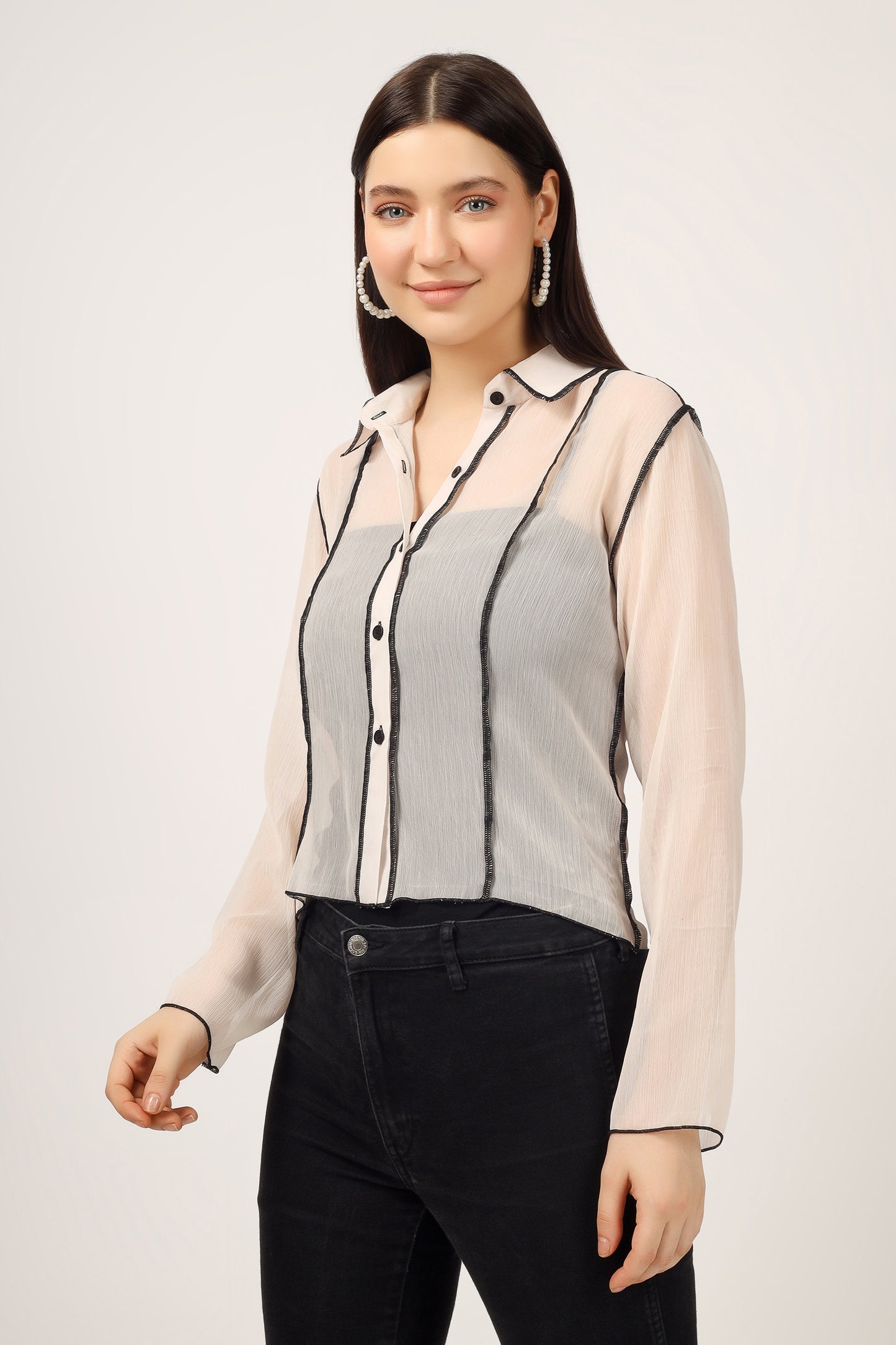 Vomendi Beige Transparent Shirt with Princess Seam Fitting