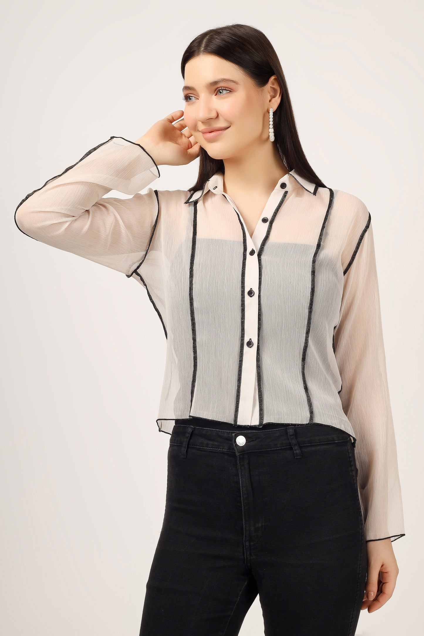 Vomendi Beige Transparent Shirt with Princess Seam Fitting