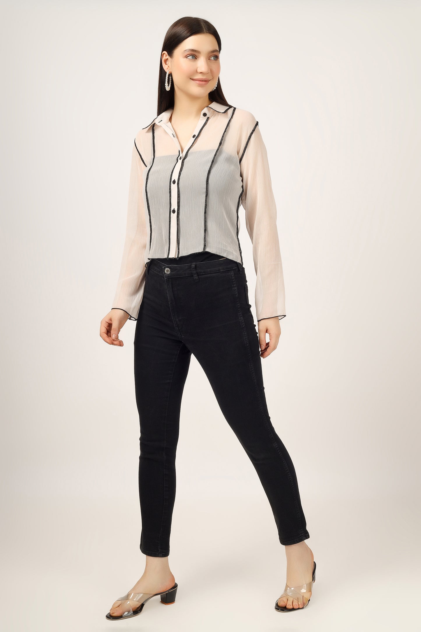 Vomendi Beige Transparent Shirt with Princess Seam Fitting