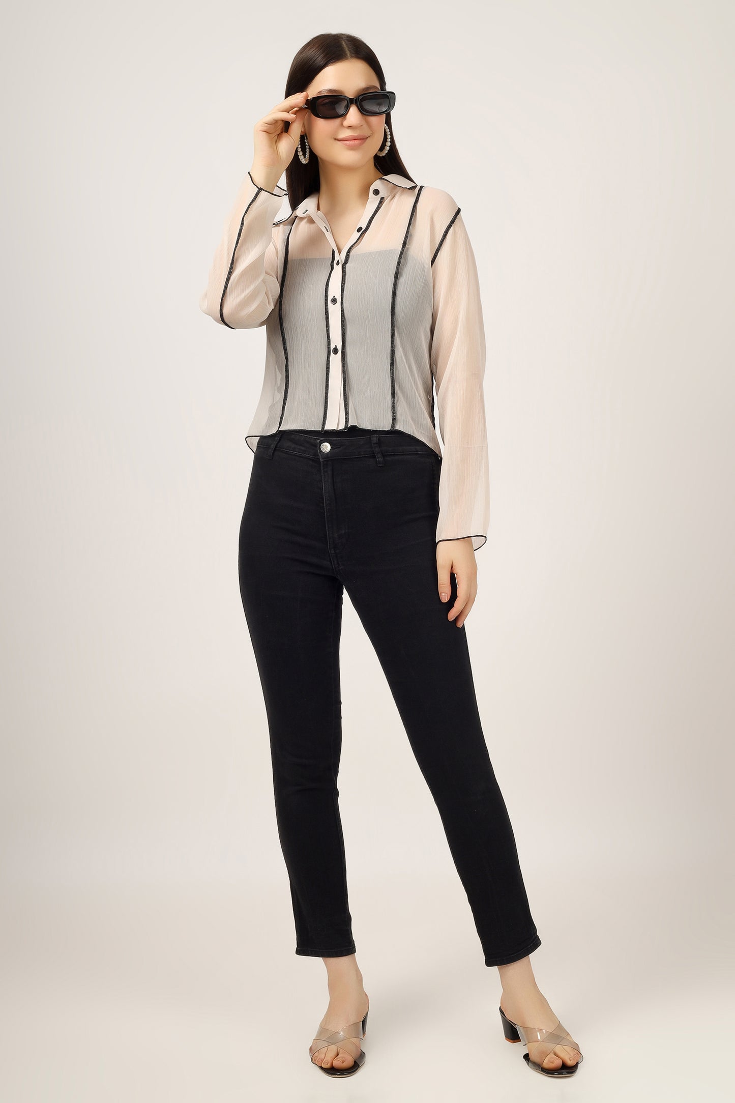 Vomendi Beige Transparent Shirt with Princess Seam Fitting