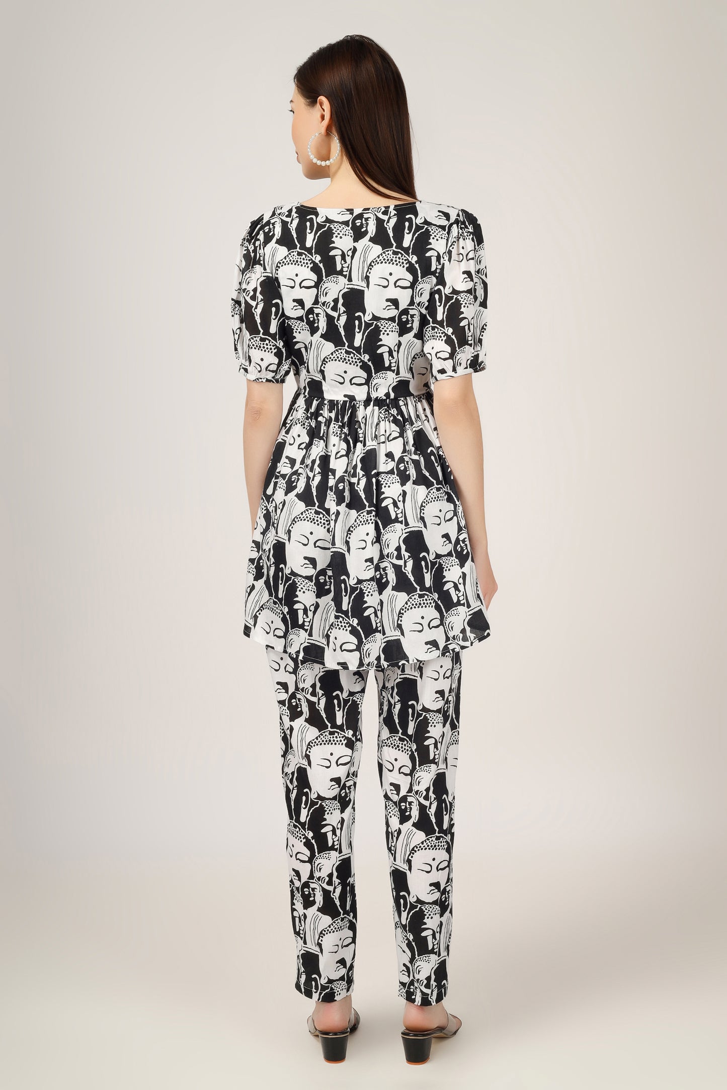 Vomendi Abstract Print Co-ord Set with Peplum Upper and Narrow Fit Trousers