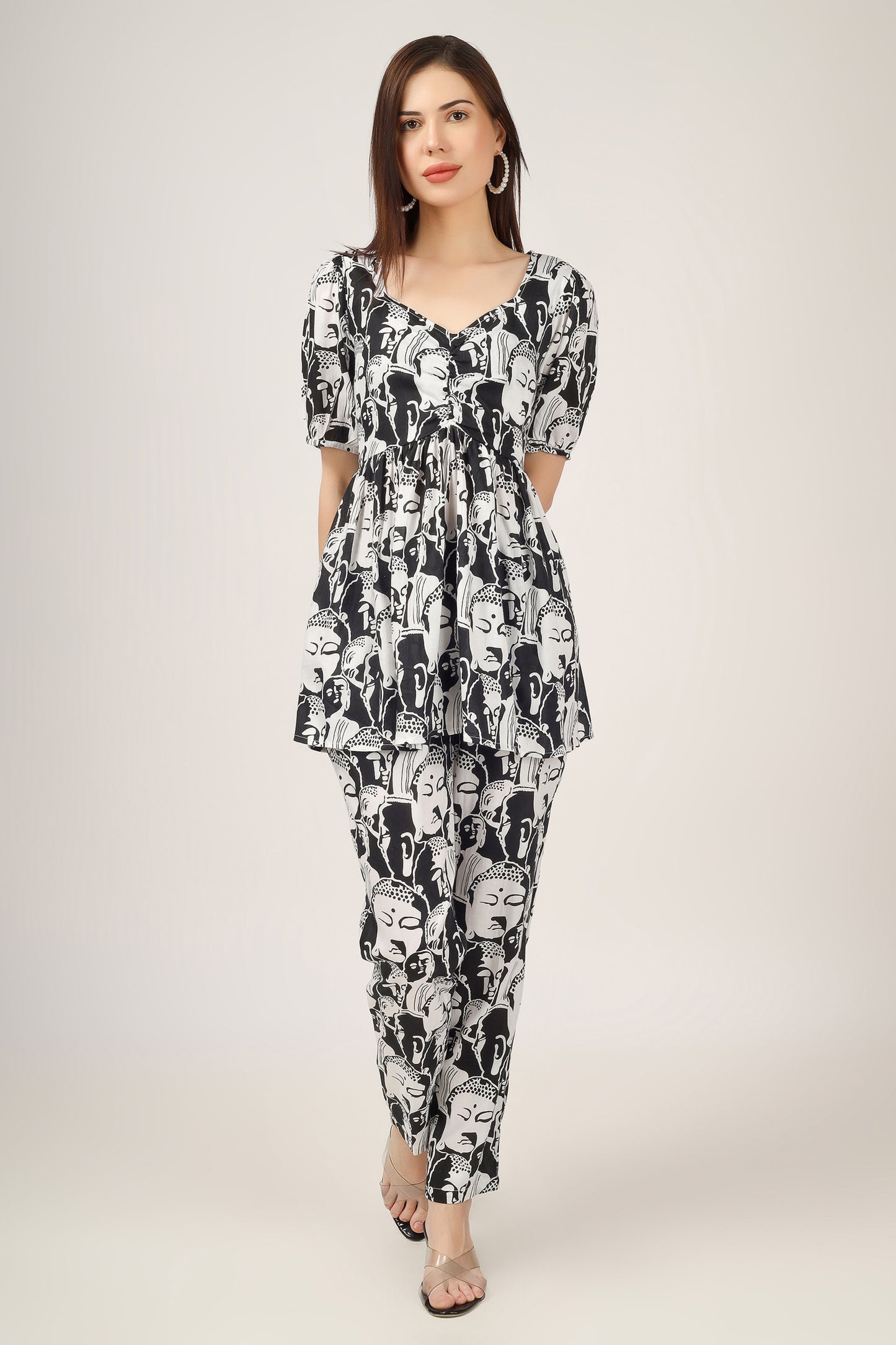 Vomendi Abstract Print Co-ord Set with Peplum Upper and Narrow Fit Trousers