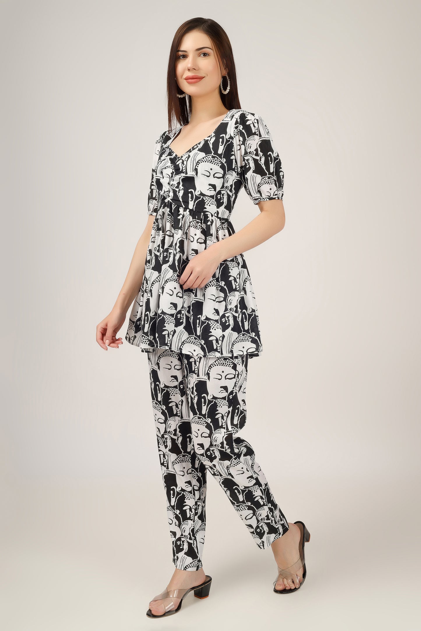 Vomendi Abstract Print Co-ord Set with Peplum Upper and Narrow Fit Trousers