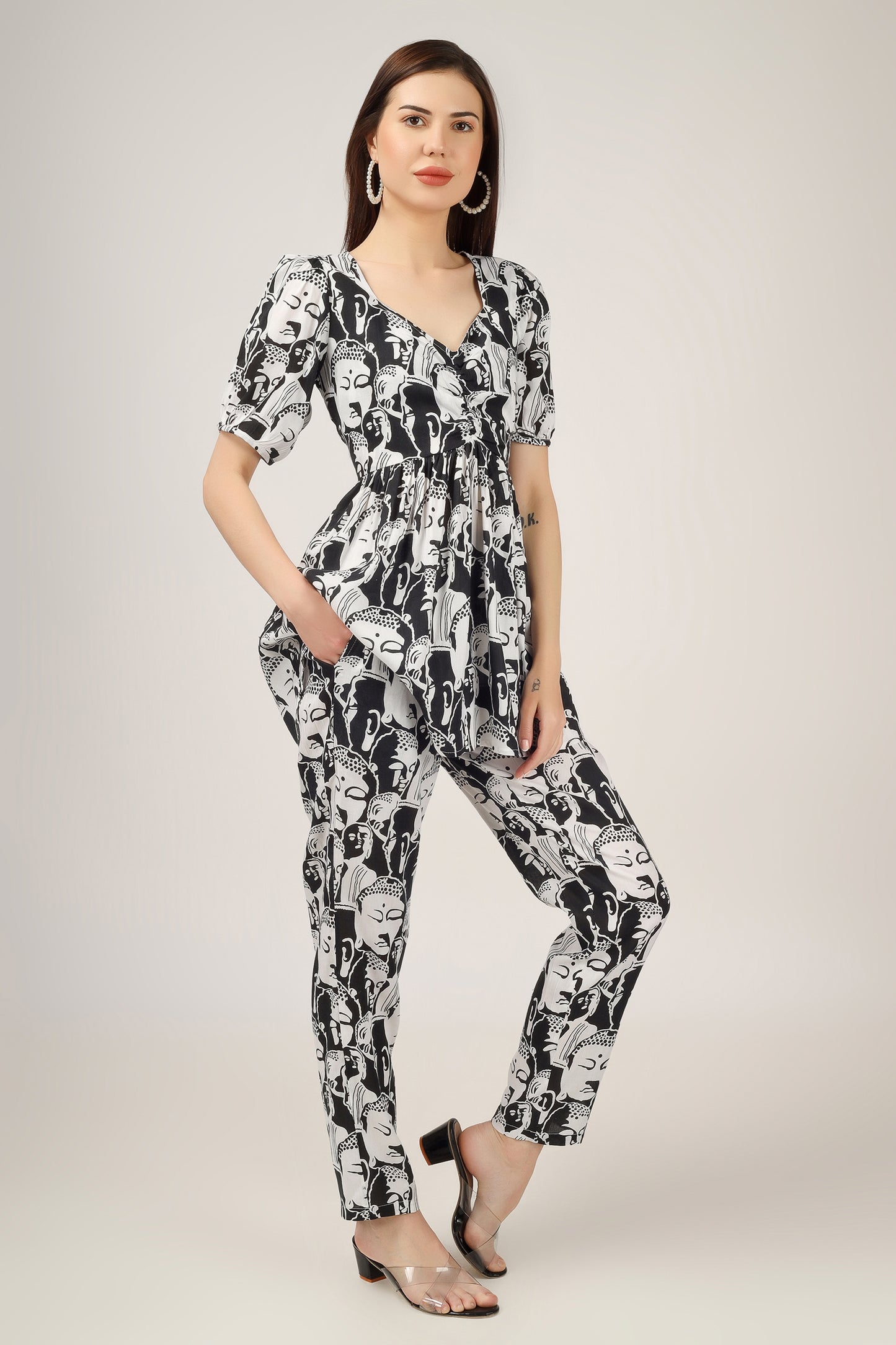 Vomendi Abstract Print Co-ord Set with Peplum Upper and Narrow Fit Trousers
