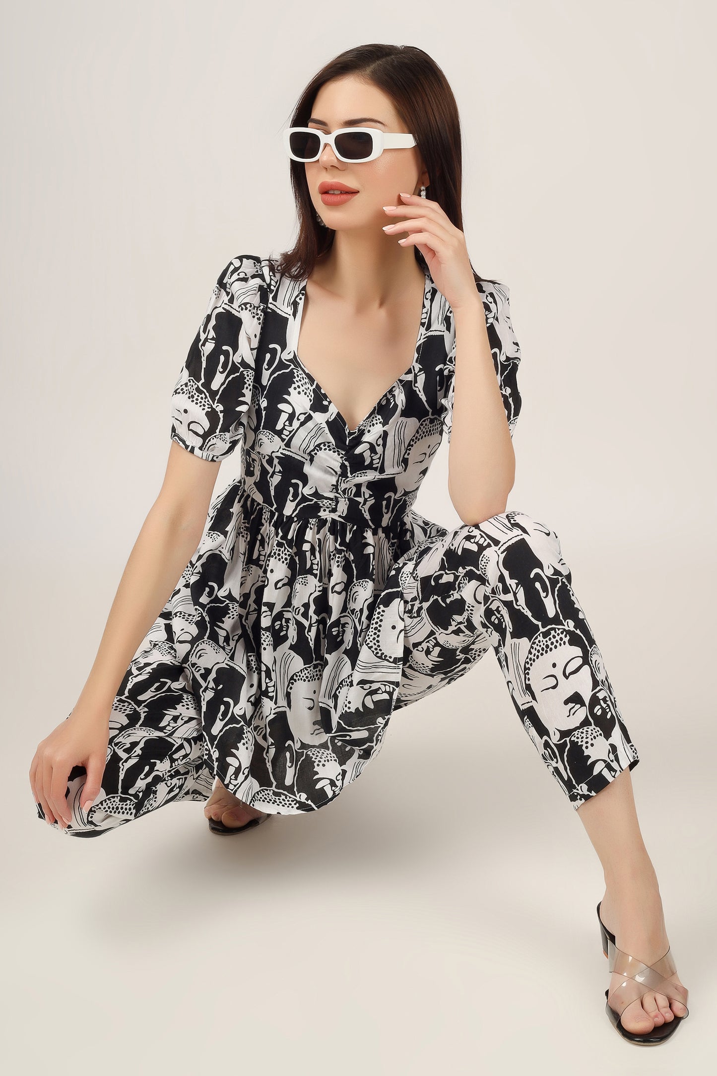 Vomendi Abstract Print Co-ord Set with Peplum Upper and Narrow Fit Trousers