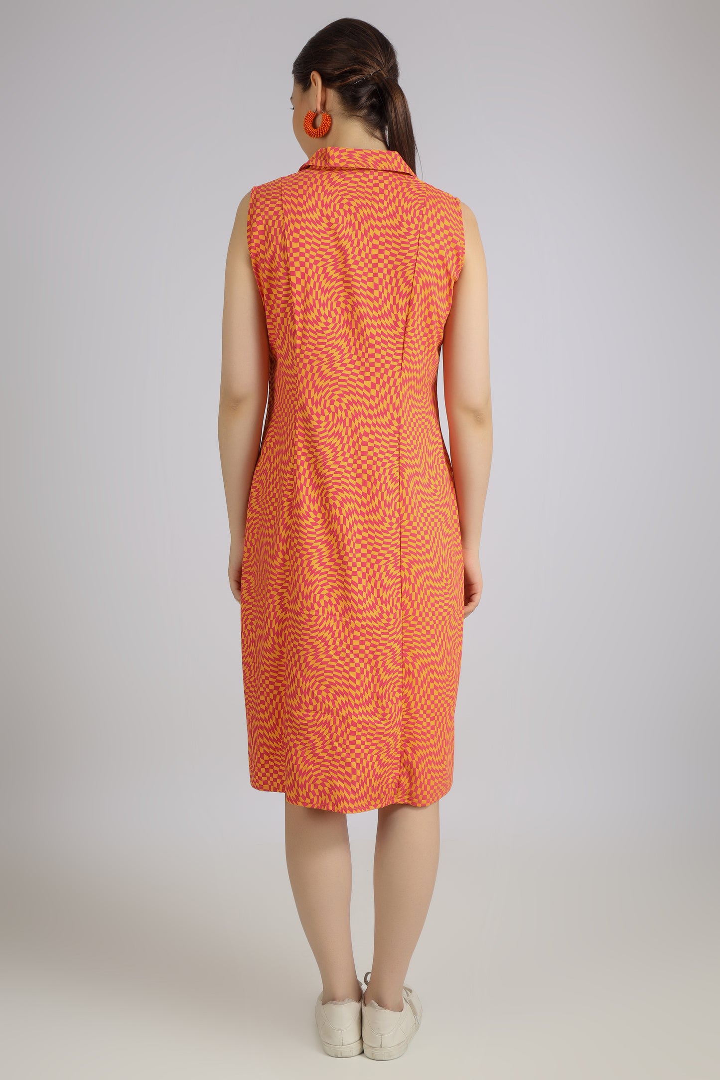 Vomendi Red-Orange Abstract Print Dress with Collar