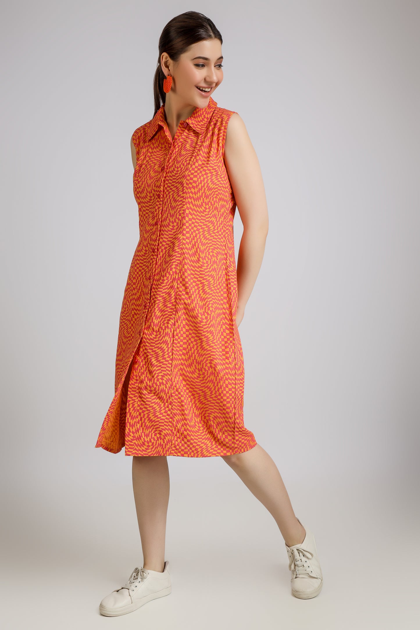 Vomendi Red-Orange Abstract Print Dress with Collar