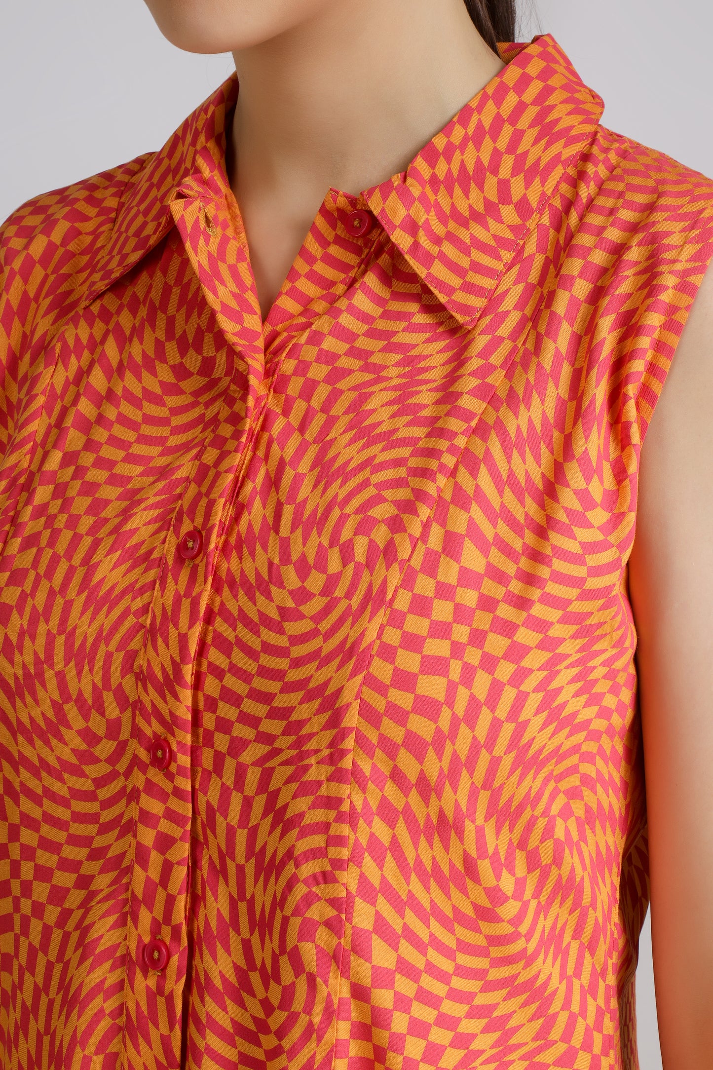 Vomendi Red-Orange Abstract Print Dress with Collar