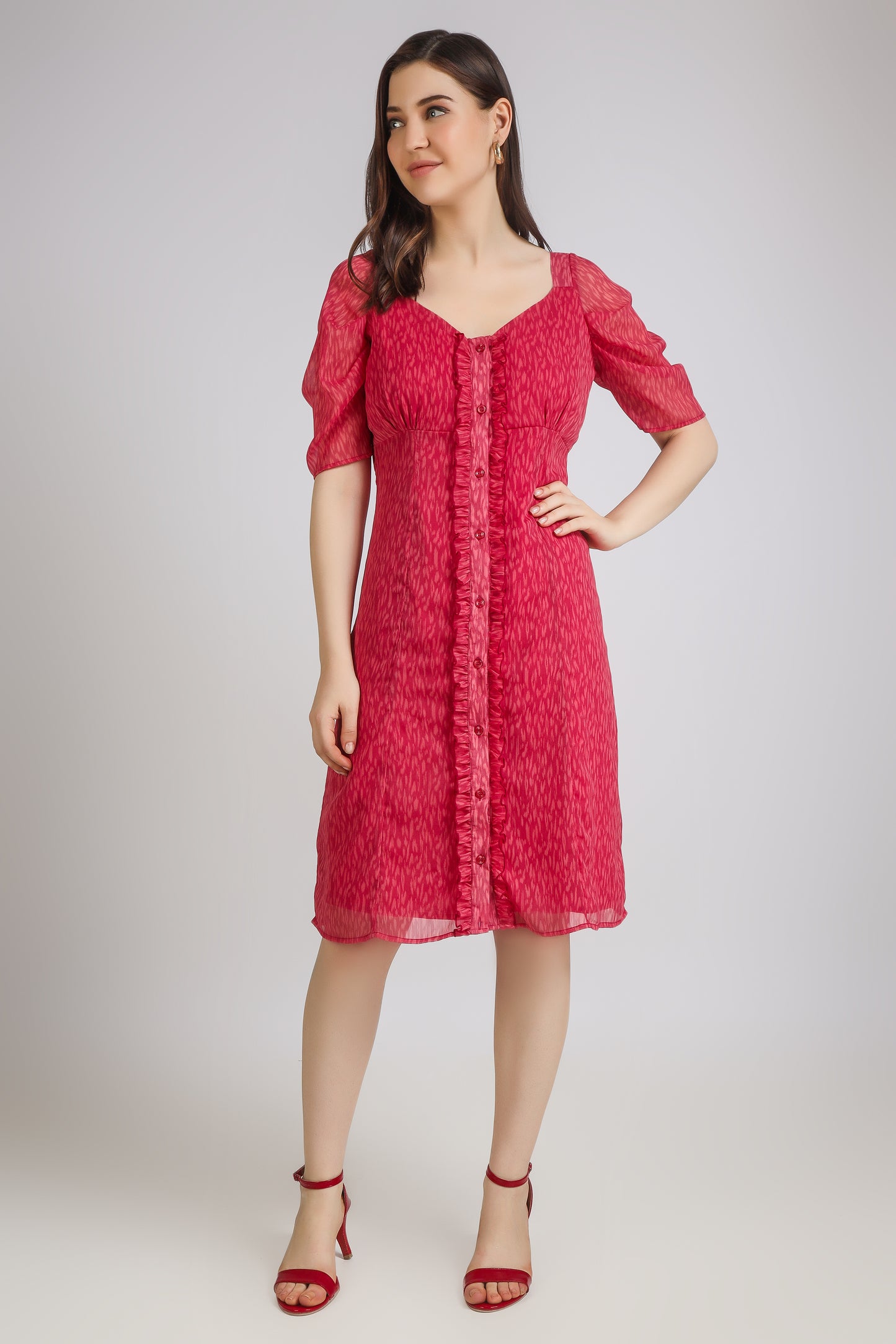 VOMENDI Brink Pink Dress with Frill on Placket