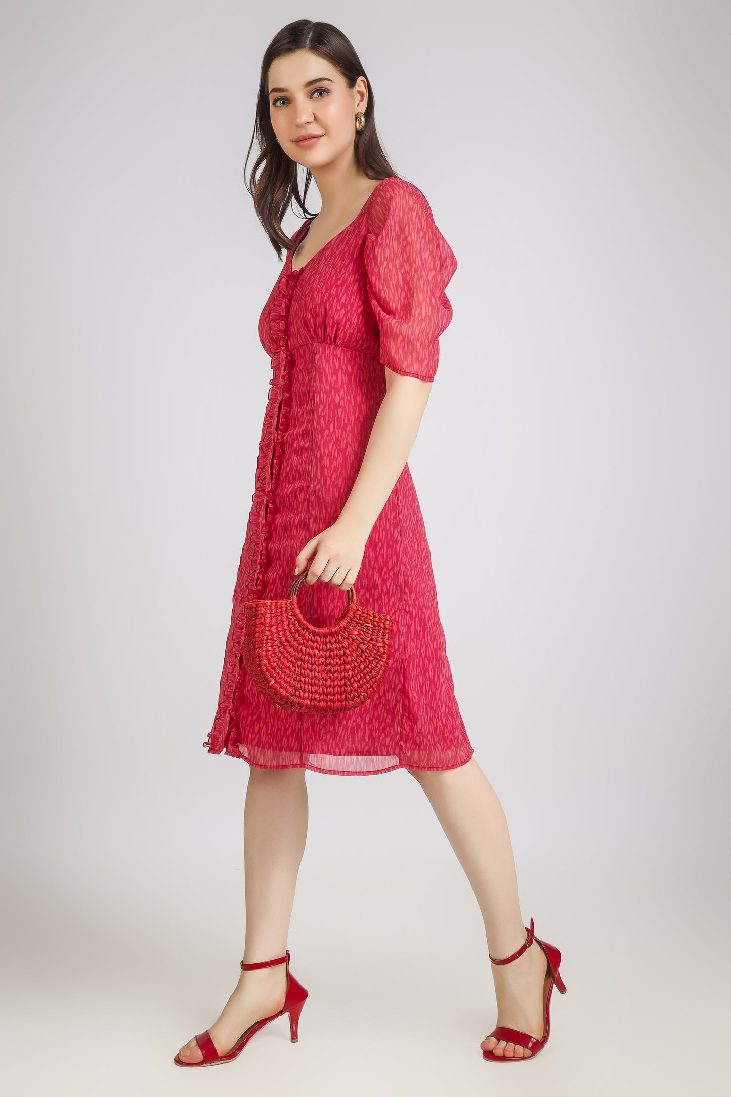 VOMENDI Brink Pink Dress with Frill on Placket