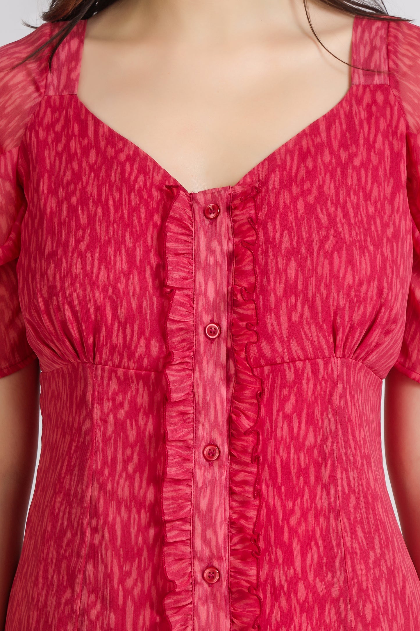 VOMENDI Brink Pink Dress with Frill on Placket