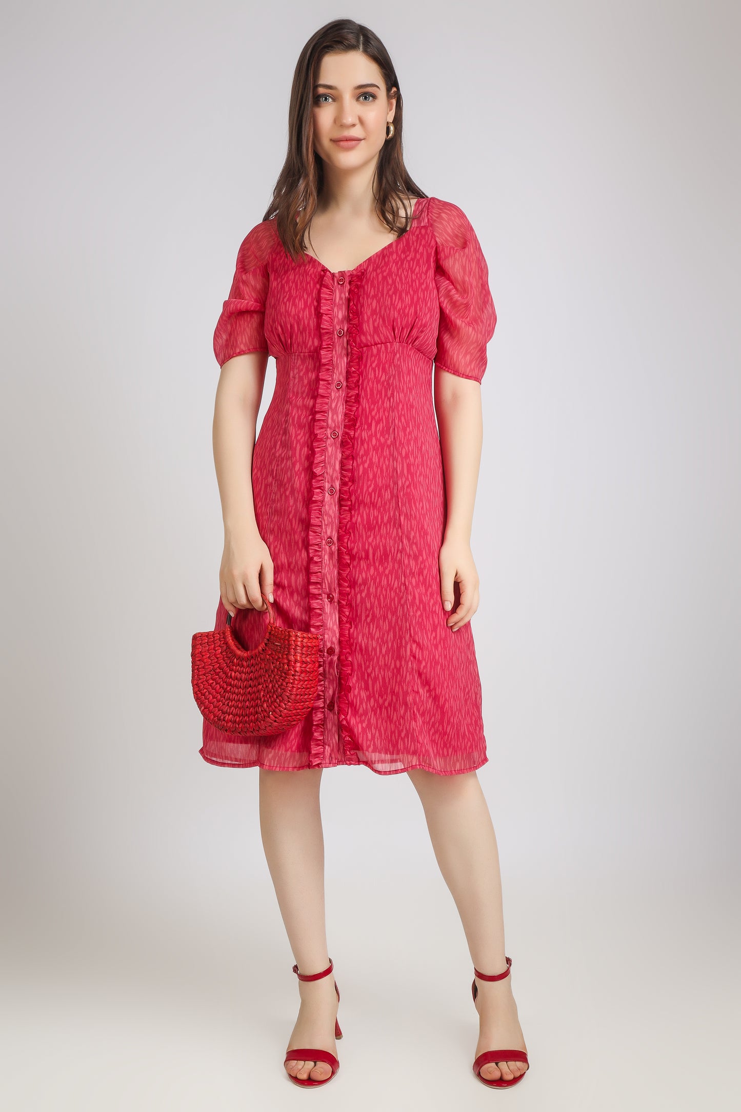 VOMENDI Brink Pink Dress with Frill on Placket