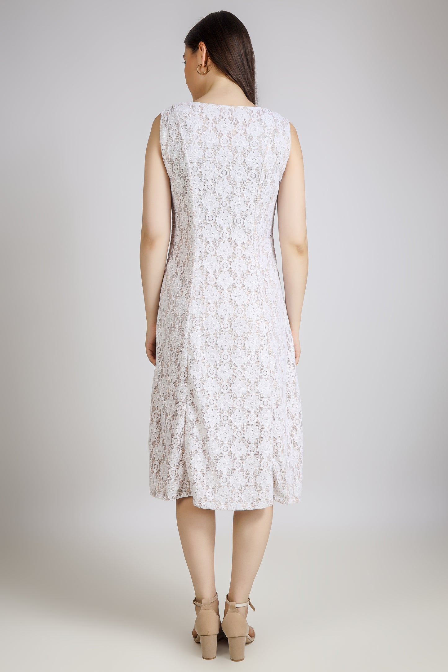 Vomendi White Lace Work Bodycon Dress with Princess Seam and Cut Sleeves