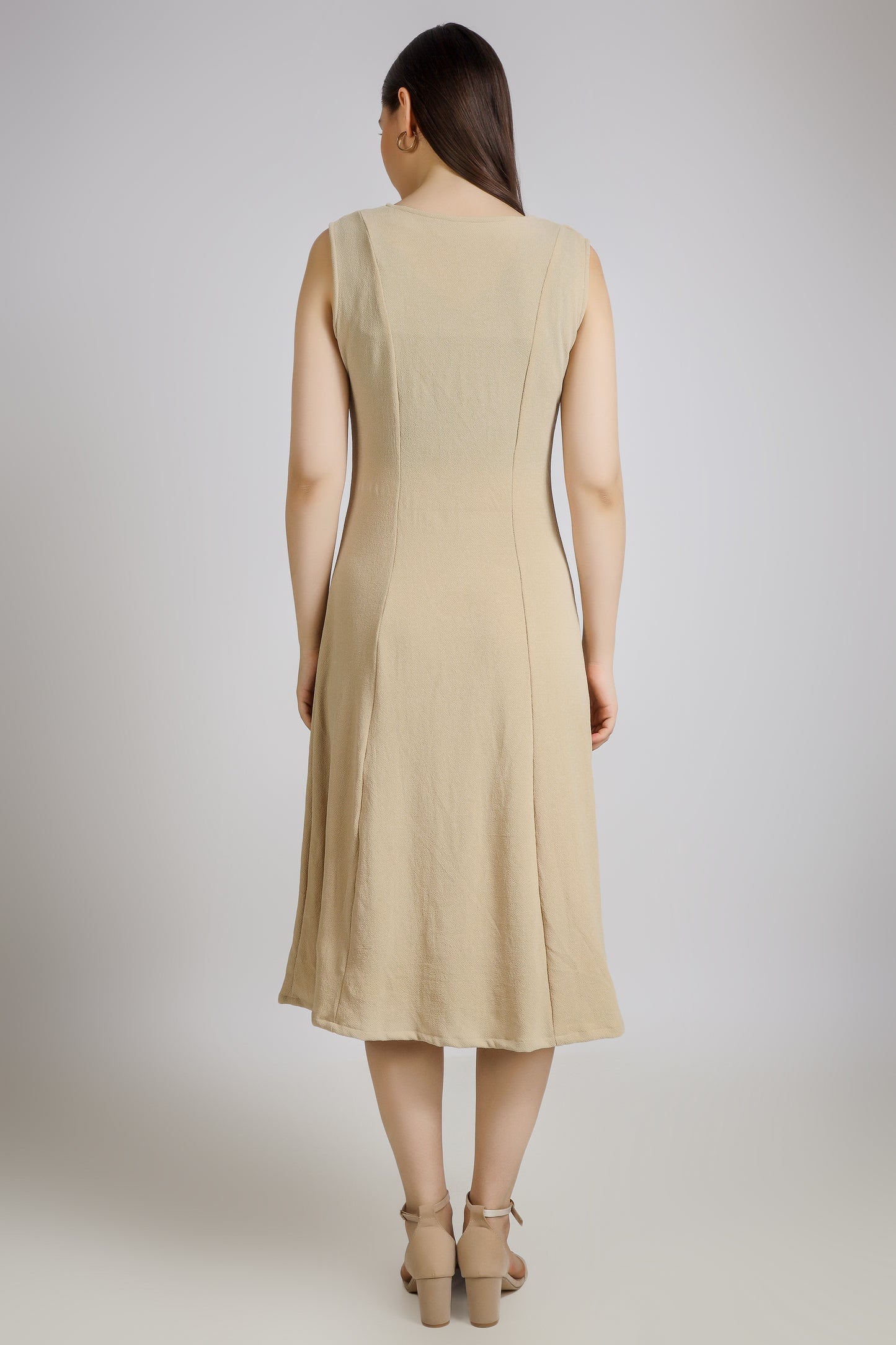 Vomendi Beige Bodycon Dress with Princess Seam and Cut Sleeves