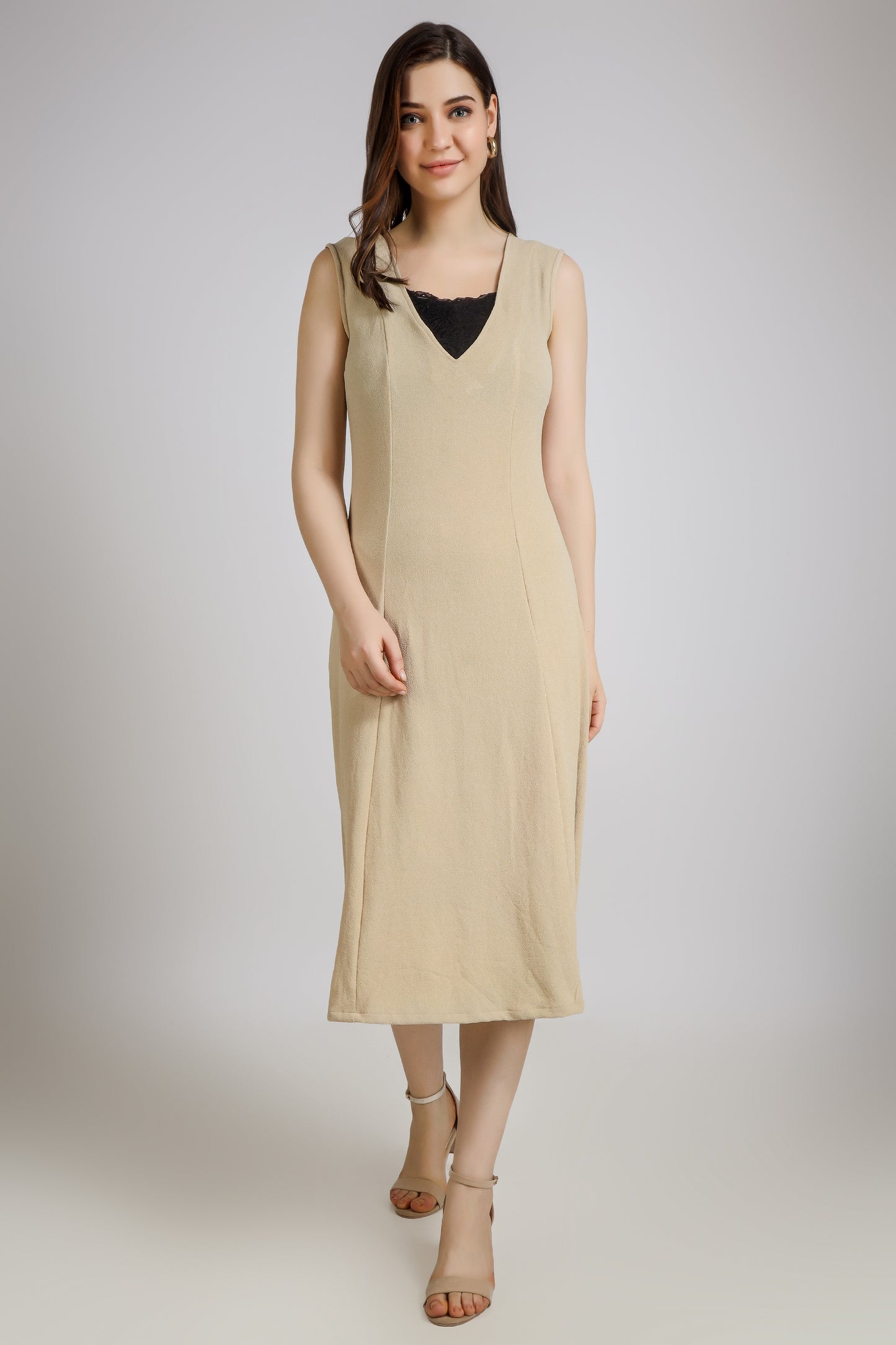 Vomendi Beige Bodycon Dress with Princess Seam and Cut Sleeves