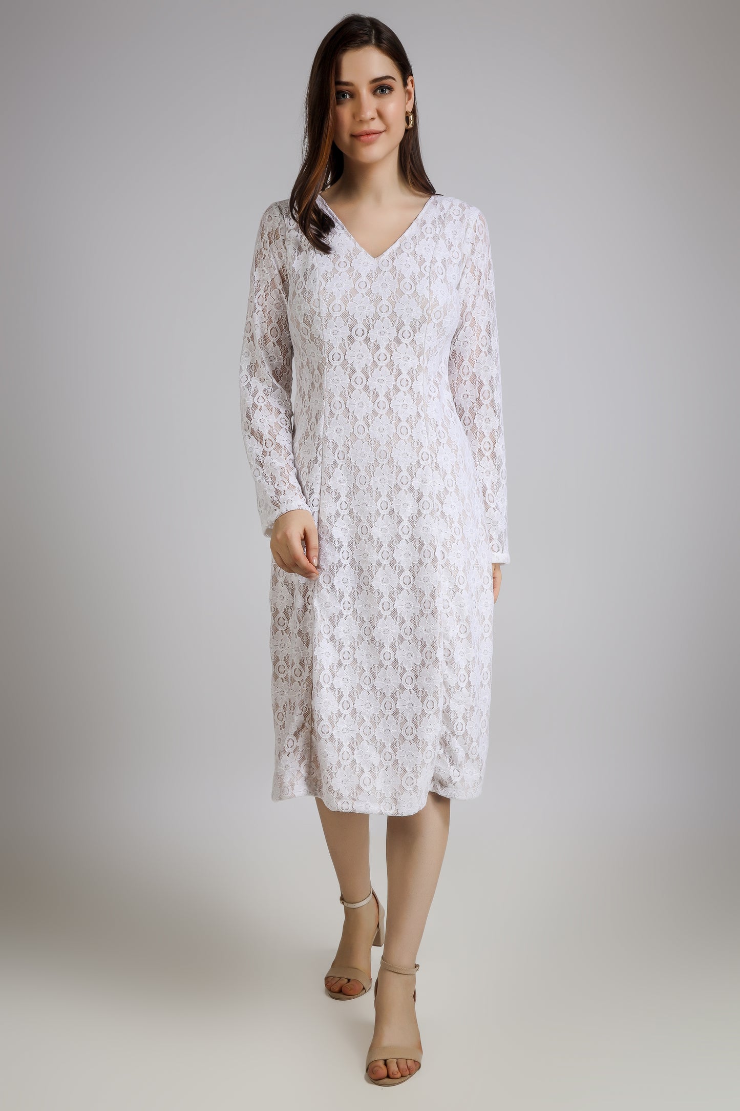 Vomendi White Lace Work Bodycon Dress with Princess Seam and Full Sleeves
