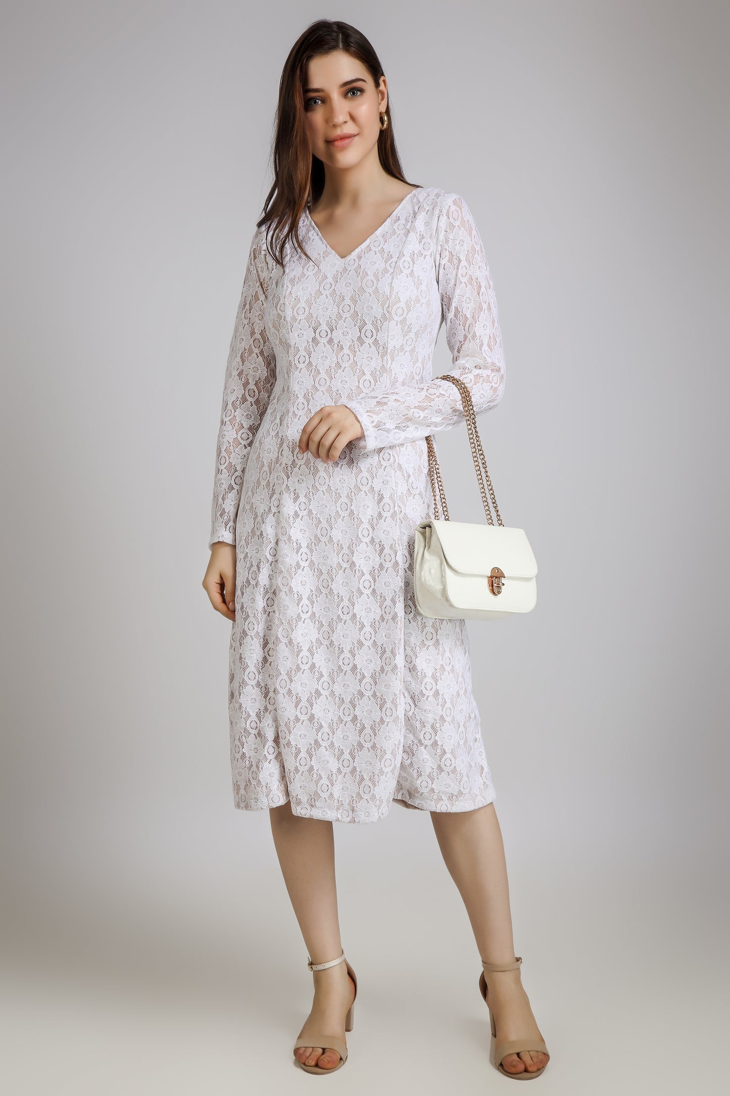 Vomendi White Lace Work Bodycon Dress with Princess Seam and Full Sleeves