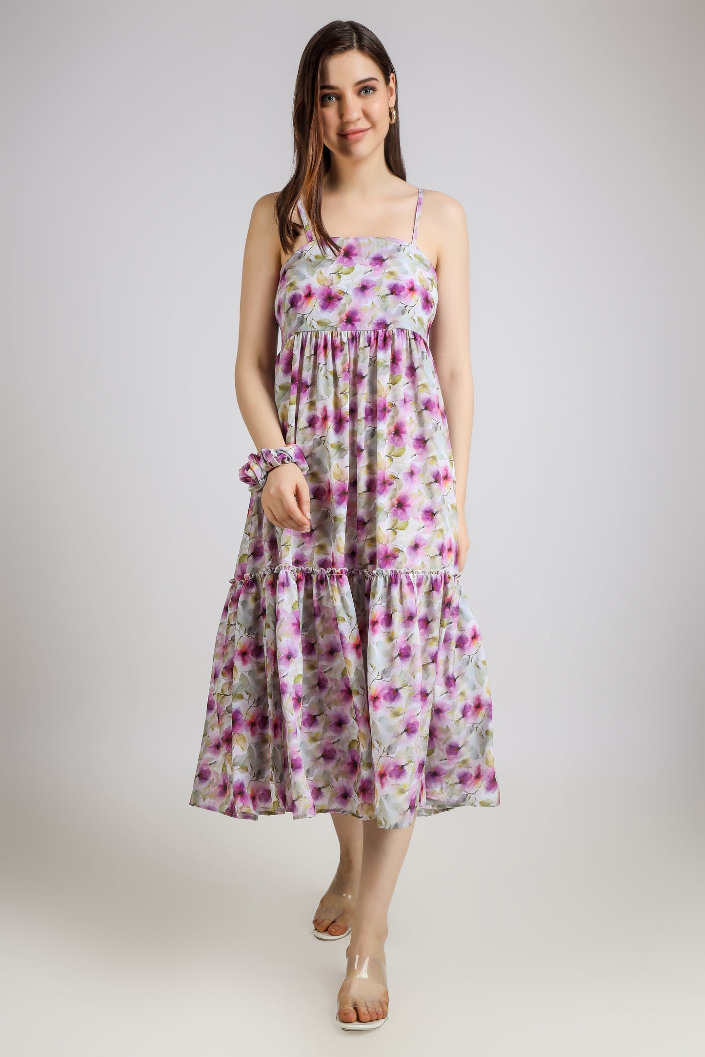 Vomendi Floral Tie and Dye Print Dress with Smocking and Detachable Sleeves