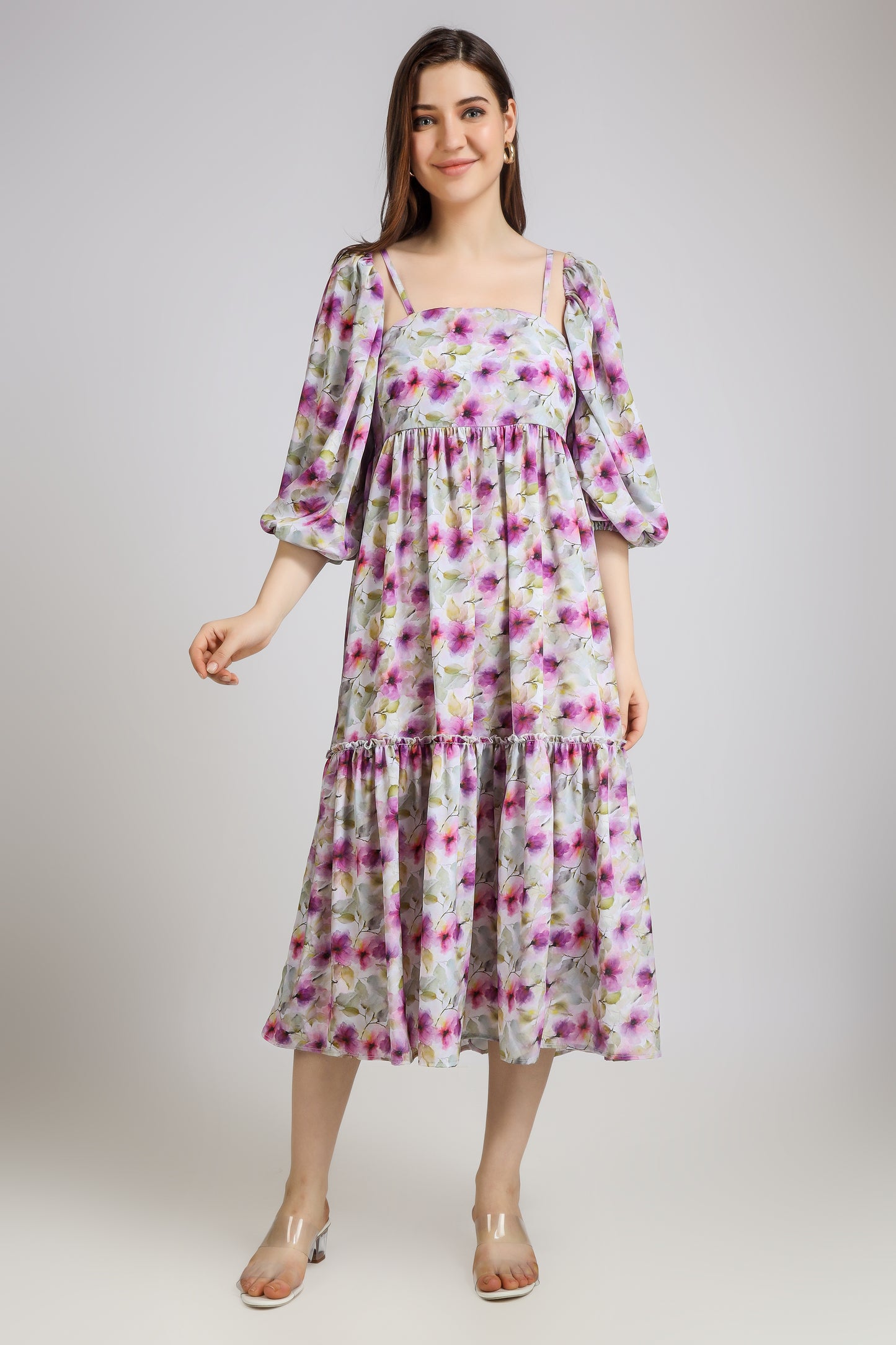 Vomendi Floral Tie and Dye Print Dress with Smocking and Detachable Sleeves