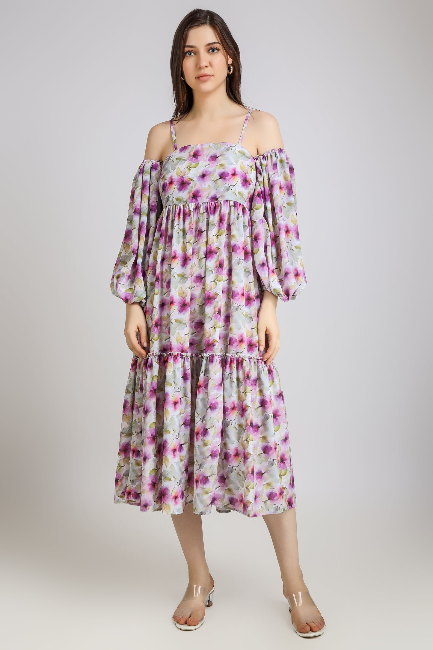 Vomendi Floral Tie and Dye Print Dress with Smocking and Detachable Sleeves