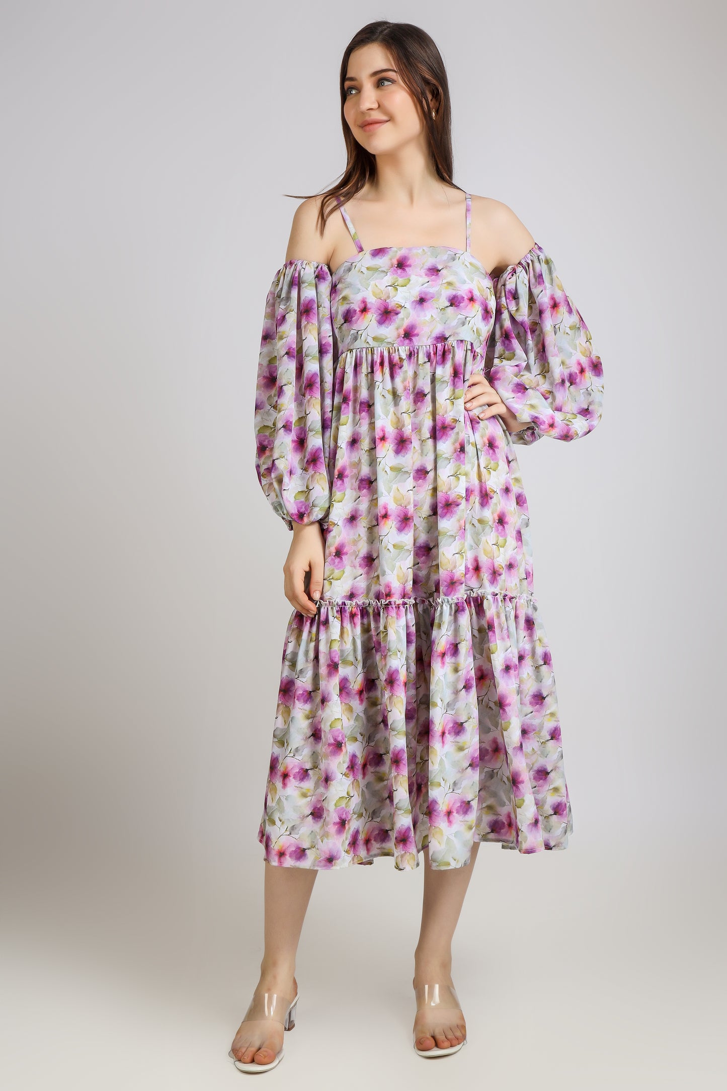 Vomendi Floral Tie and Dye Print Dress with Smocking and Detachable Sleeves