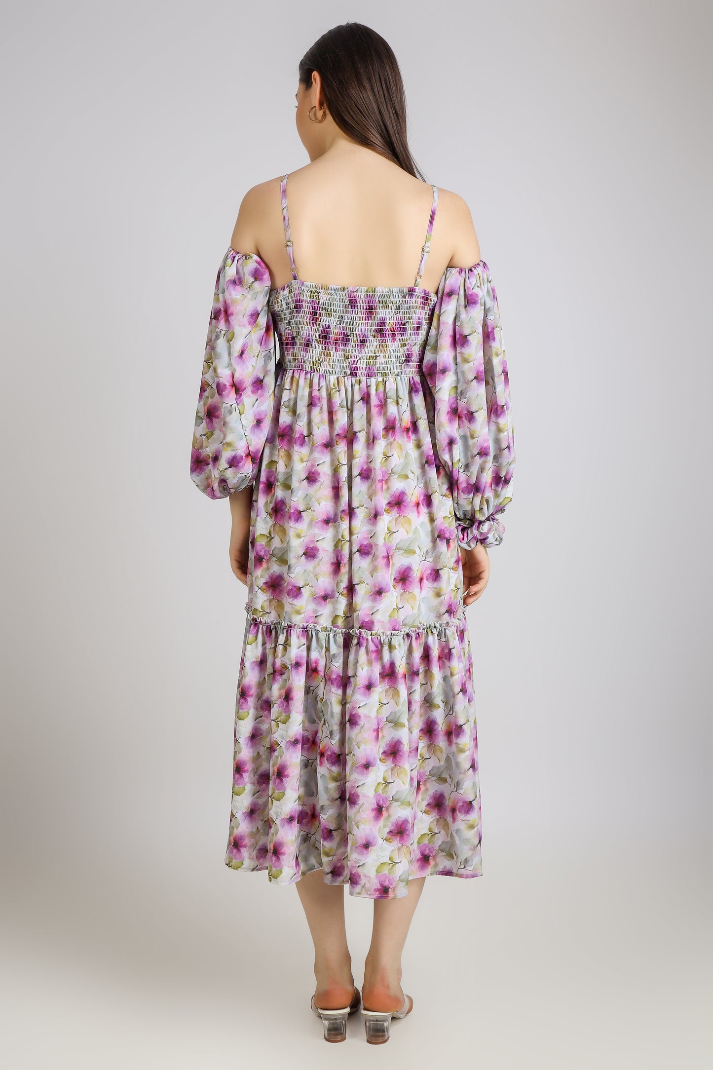 Vomendi Floral Tie and Dye Print Dress with Smocking and Detachable Sleeves