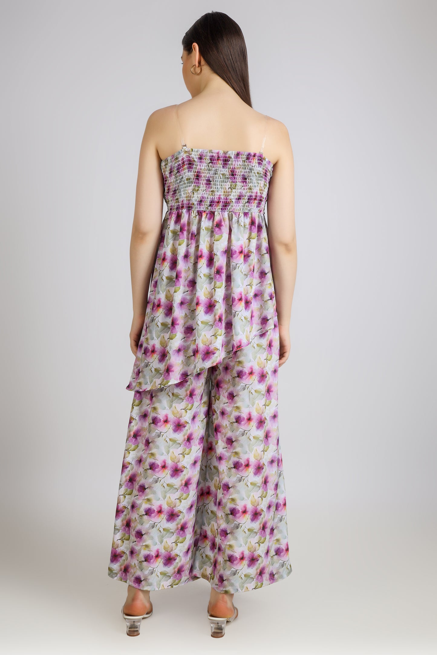 Vomendi Floral Tie and Dye Print Co-ord Set with Smocking Asymmetrical Tube Top, Pants and Shrug