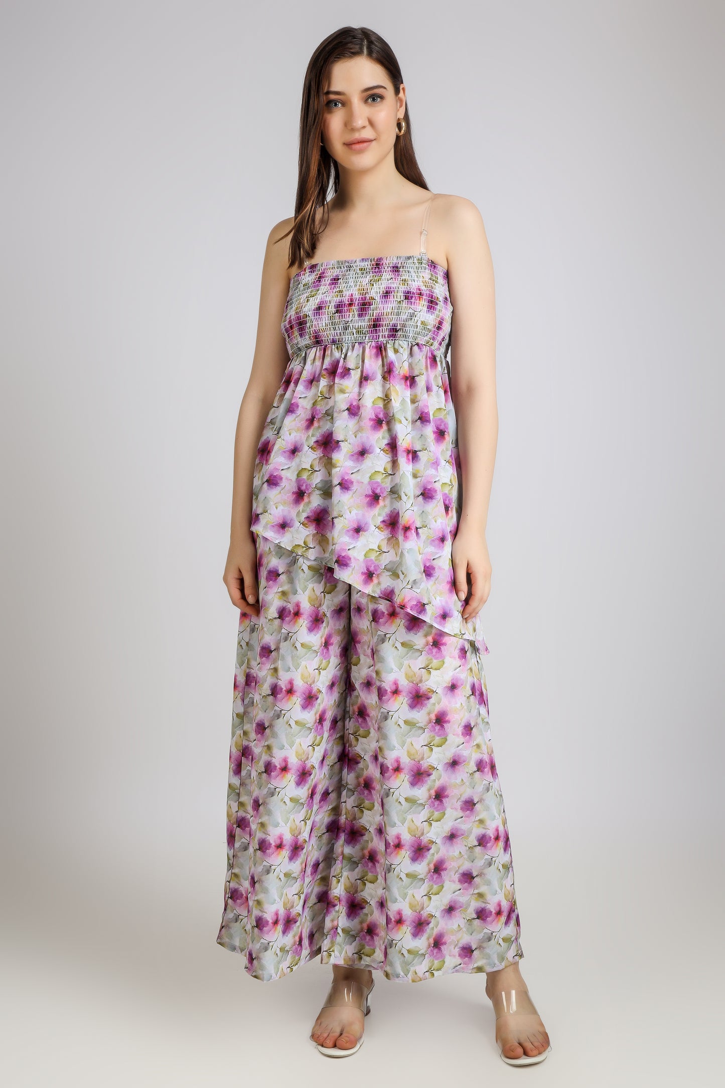 Vomendi Floral Tie and Dye Print Co-ord Set with Smocking Asymmetrical Tube Top, Pants and Shrug