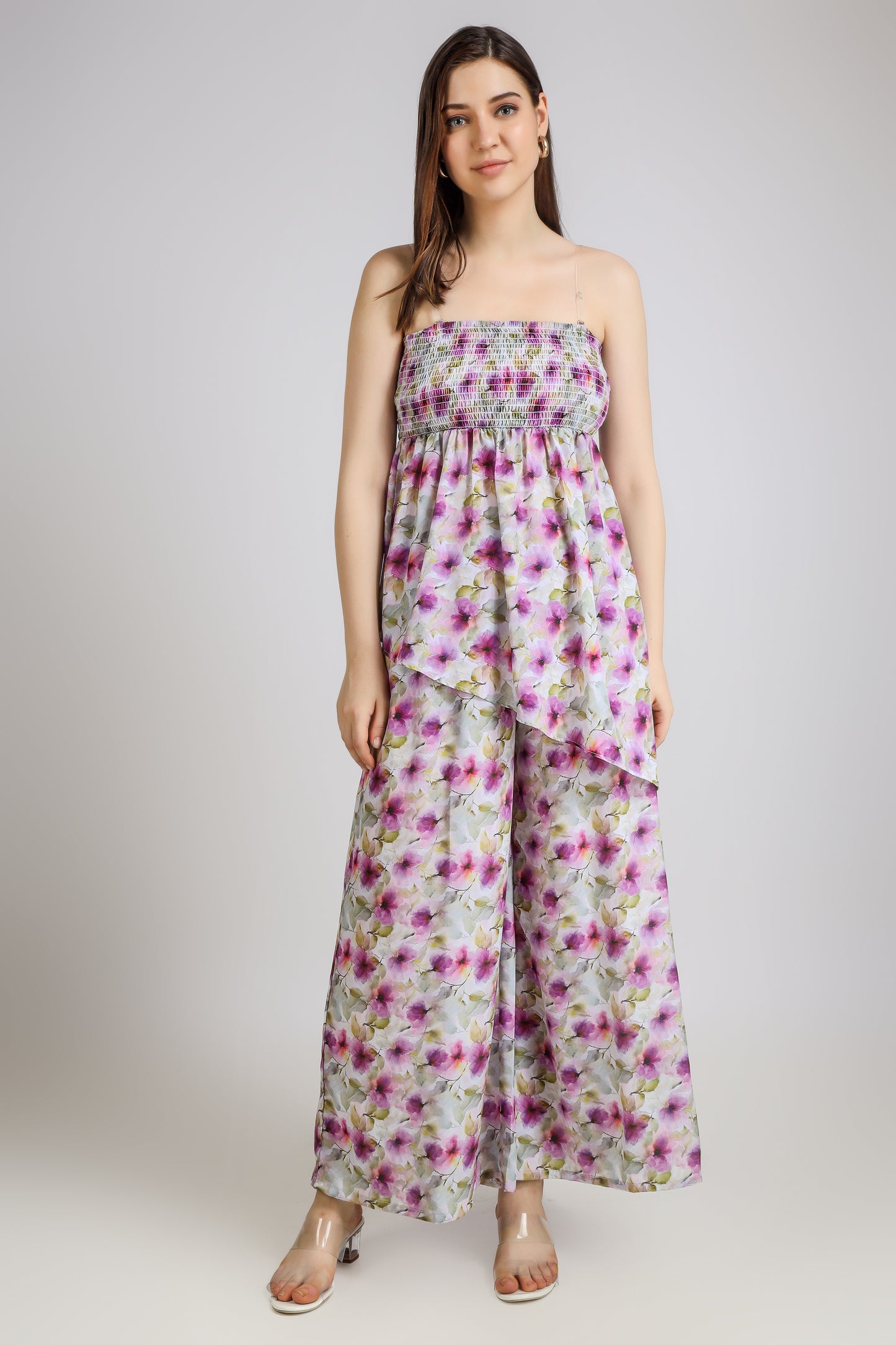 Vomendi Floral Tie and Dye Print Co-ord Set with Smocking Asymmetrical Tube Top, Pants and Shrug