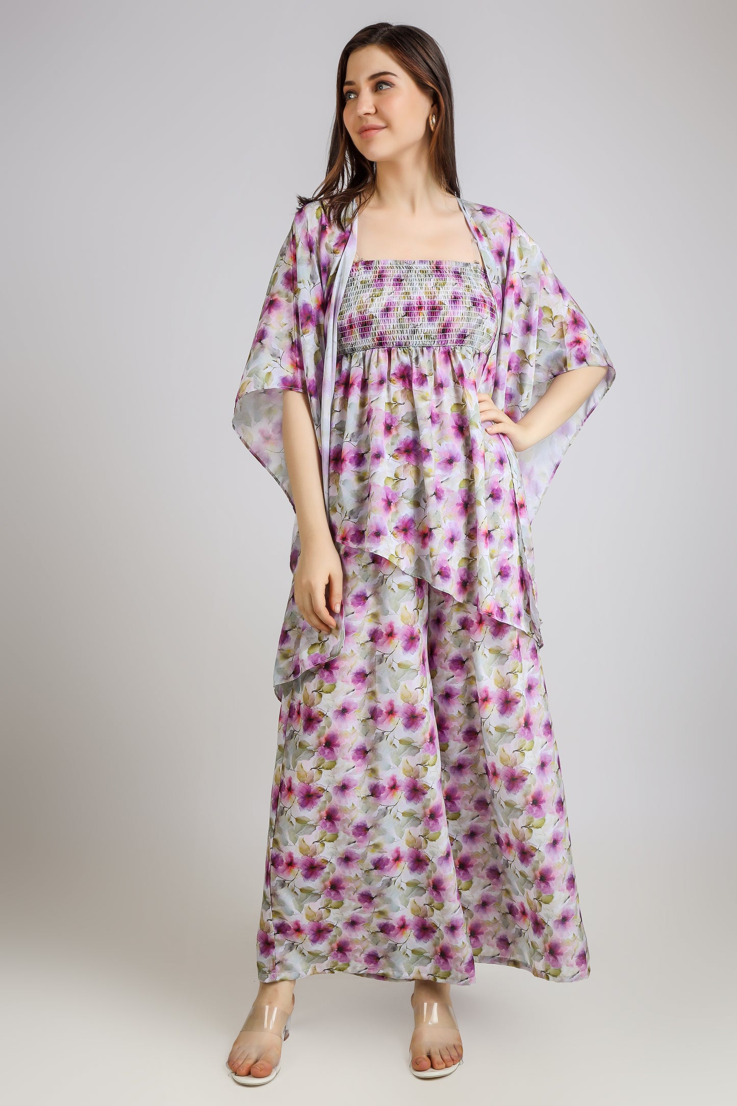 Vomendi Floral Tie and Dye Print Co-ord Set with Smocking Asymmetrical Tube Top, Pants and Shrug