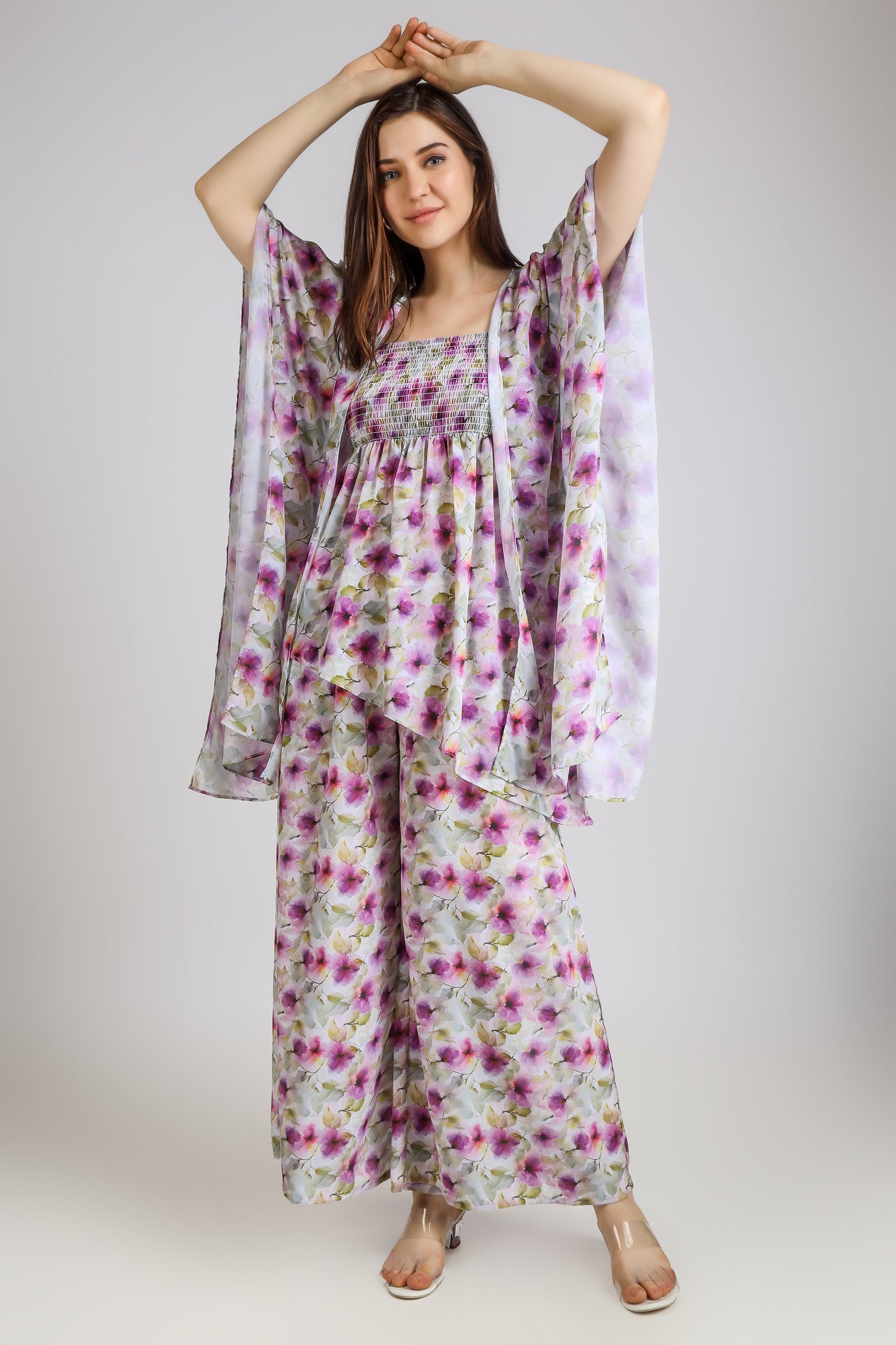 Vomendi Floral Tie and Dye Print Co-ord Set with Smocking Asymmetrical Tube Top, Pants and Shrug