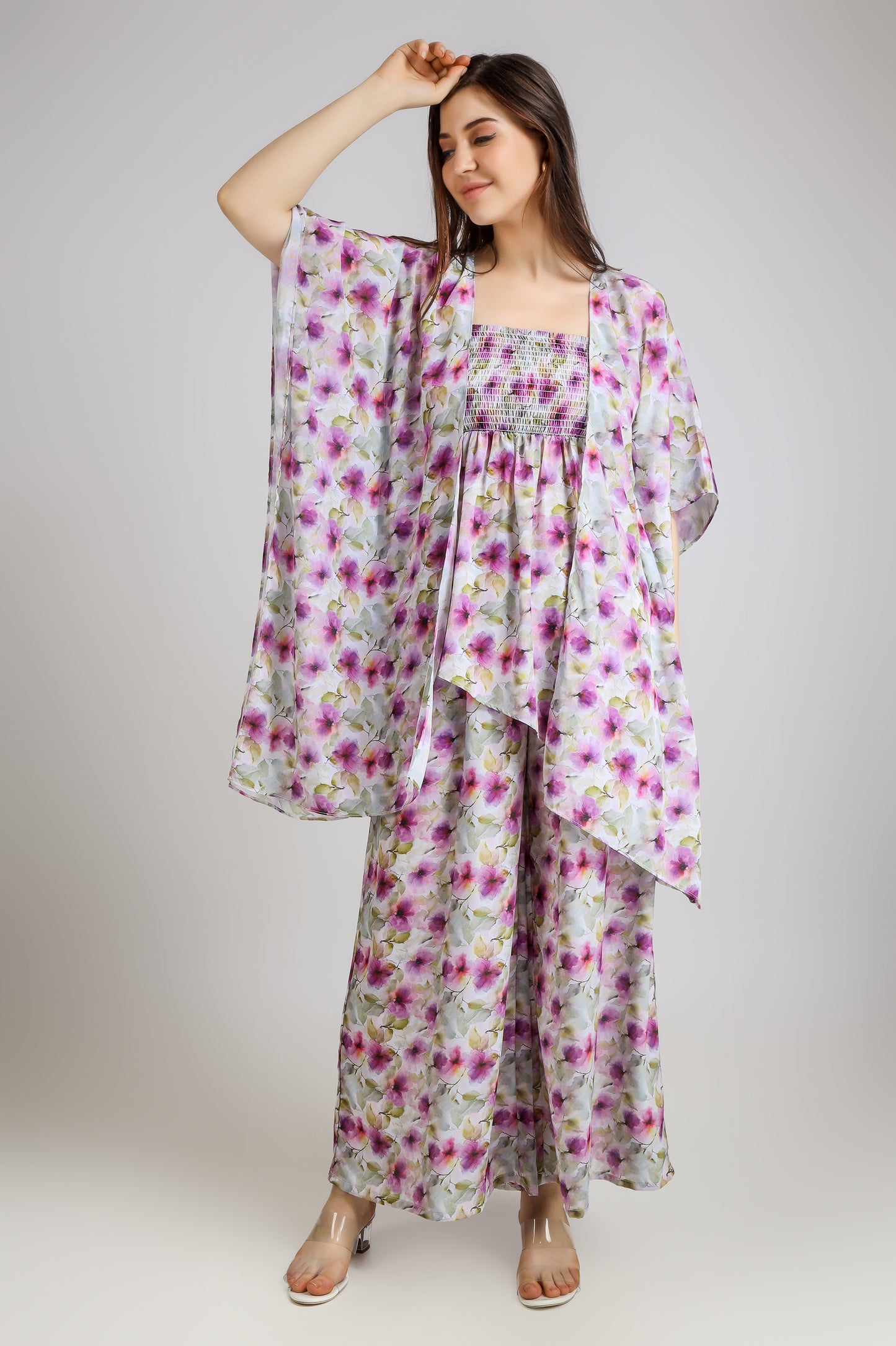 Vomendi Floral Tie and Dye Print Co-ord Set with Smocking Asymmetrical Tube Top, Pants and Shrug
